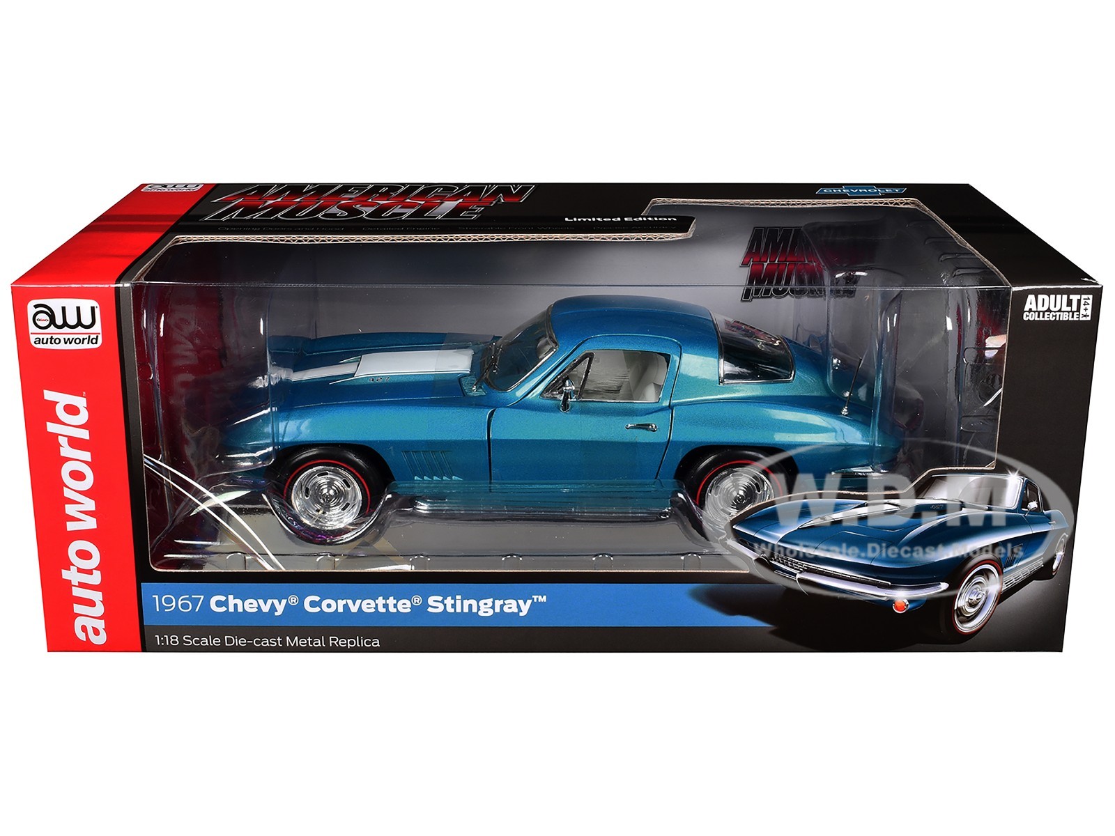 1967 CHEVROLET CORVETTE STINGRAY LIGHT BLUE 1/18 DIECAST BY AUTO WORLD AMM1376