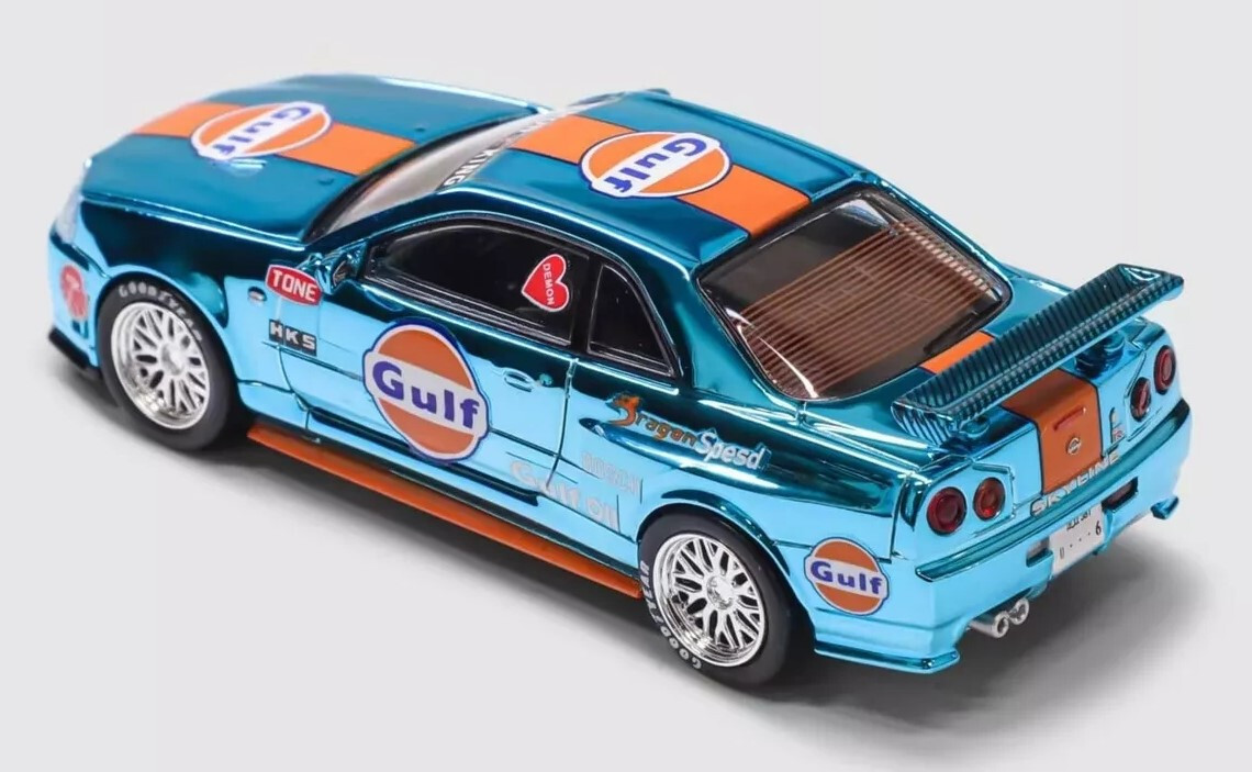 Demon King Auto Nissan GT-R R34 Gulf Chrome Blue 1/64 Diecast Model 2024 NIB