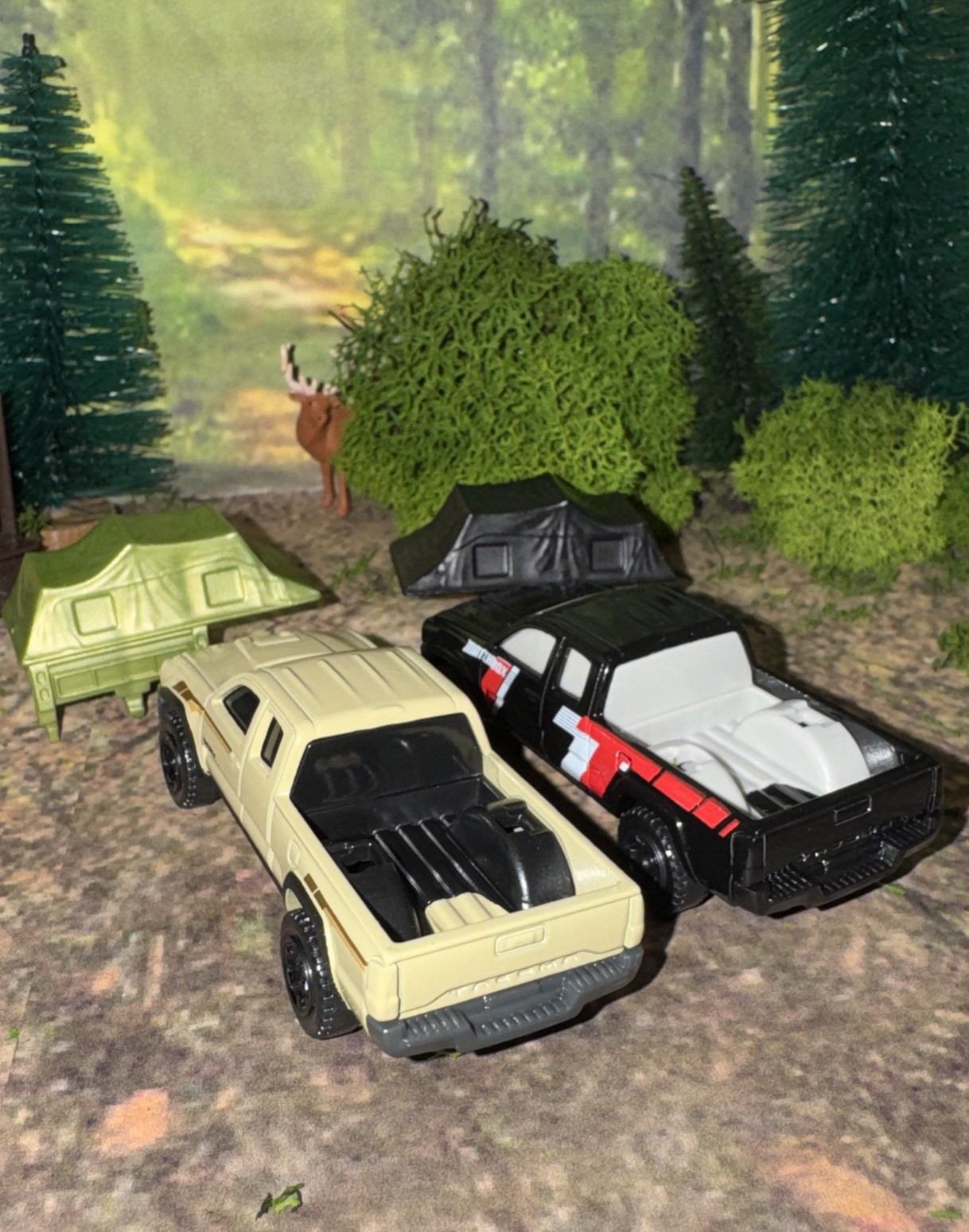 Lot Of 2 Toyota Tacoma Matchbox w/ Removable Camp Tent Black & Tan NLFFP 1:64 DC
