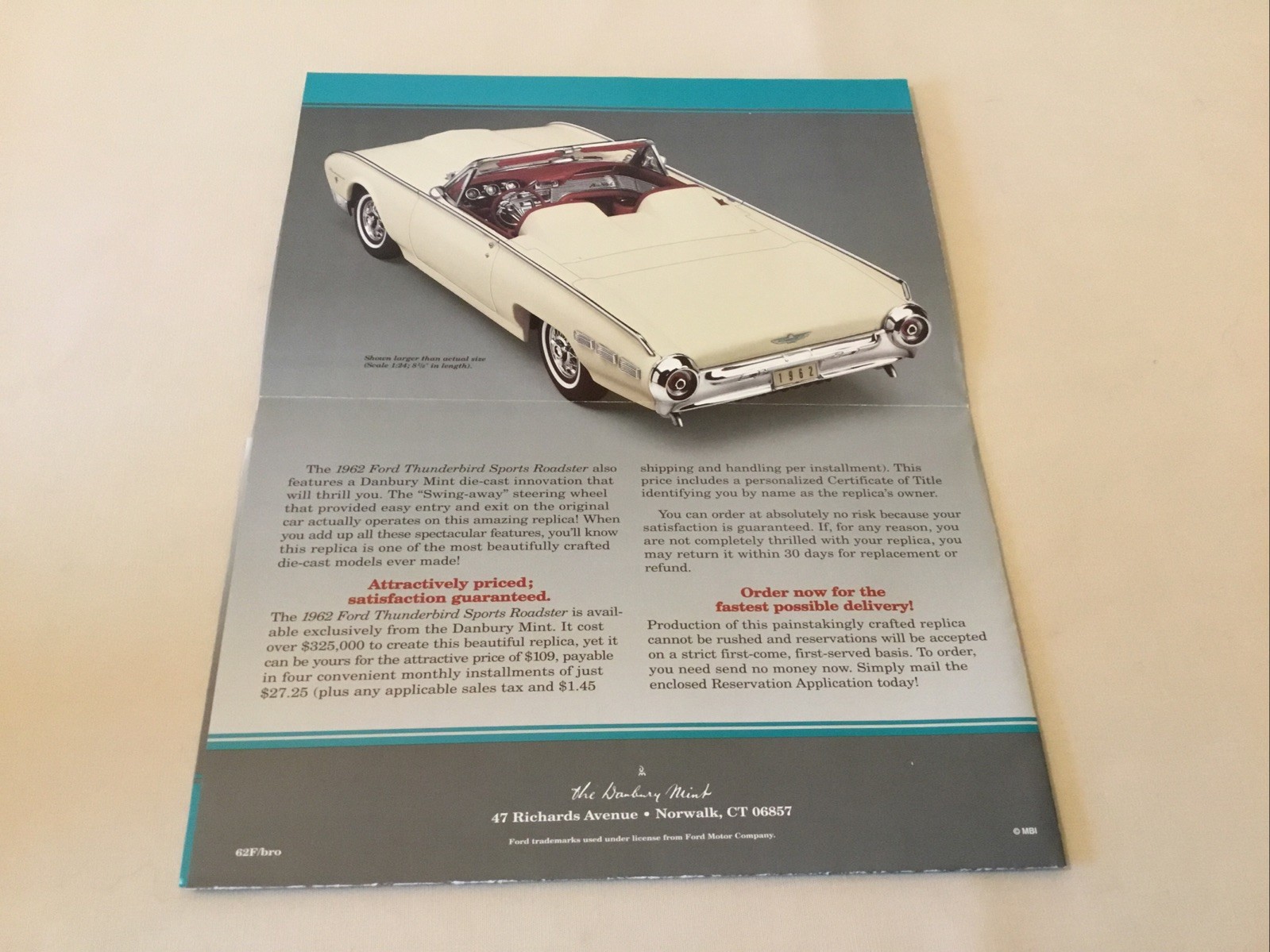 Danbury Mint 1962 Ford Thunderbird Sports Roadster Brochure Paperwork Only 1:24