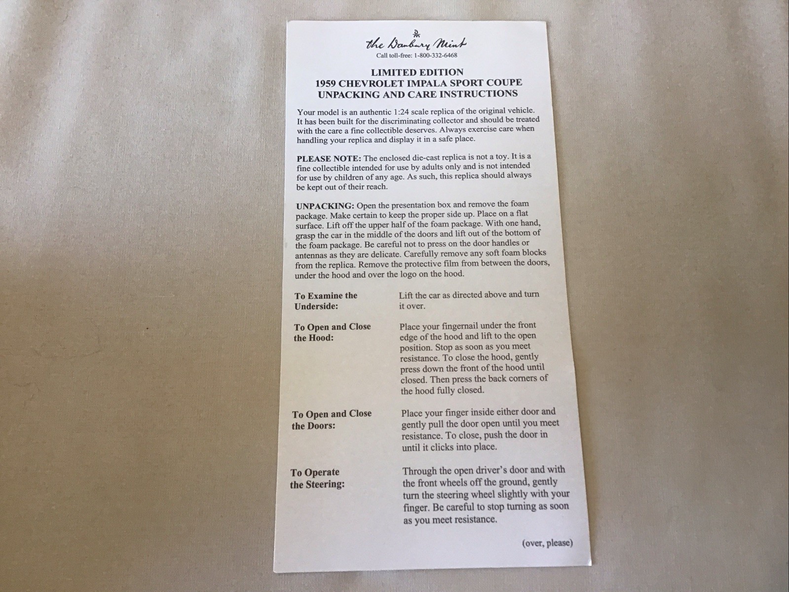 Danbury Mint 1959 Chevrolet Impala Sport Coupe L.E. Title Paperwork Only 1:24