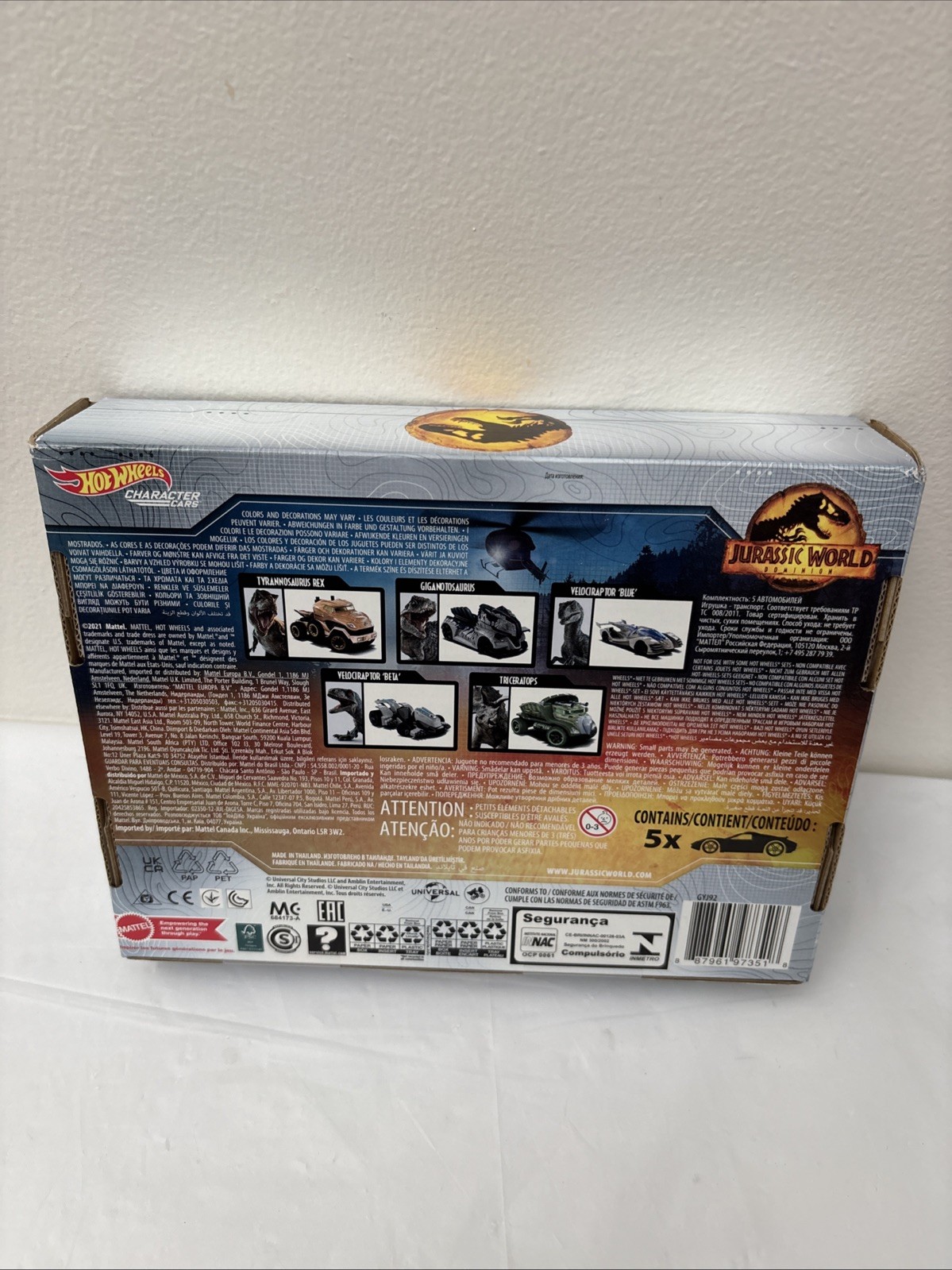 Hot Wheels Jurassic Park Dominion Character Cars 5 Pack Includes Blue