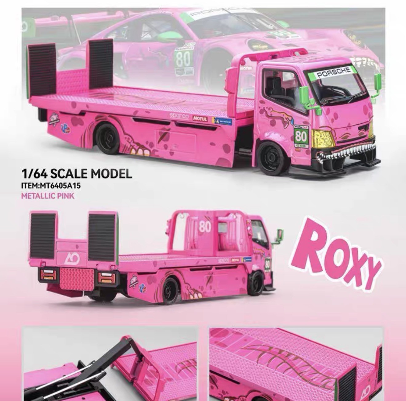 MG 1:64 H300 Custom Tow Flatbed Truck Dinosaur Model Diecast Metal pink US SHIP!