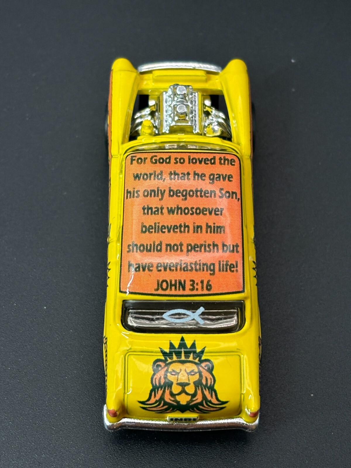 White Toner 1:64 Waterslide for 55 Chevy Gasser Jesus Saves John 3:16 Orange