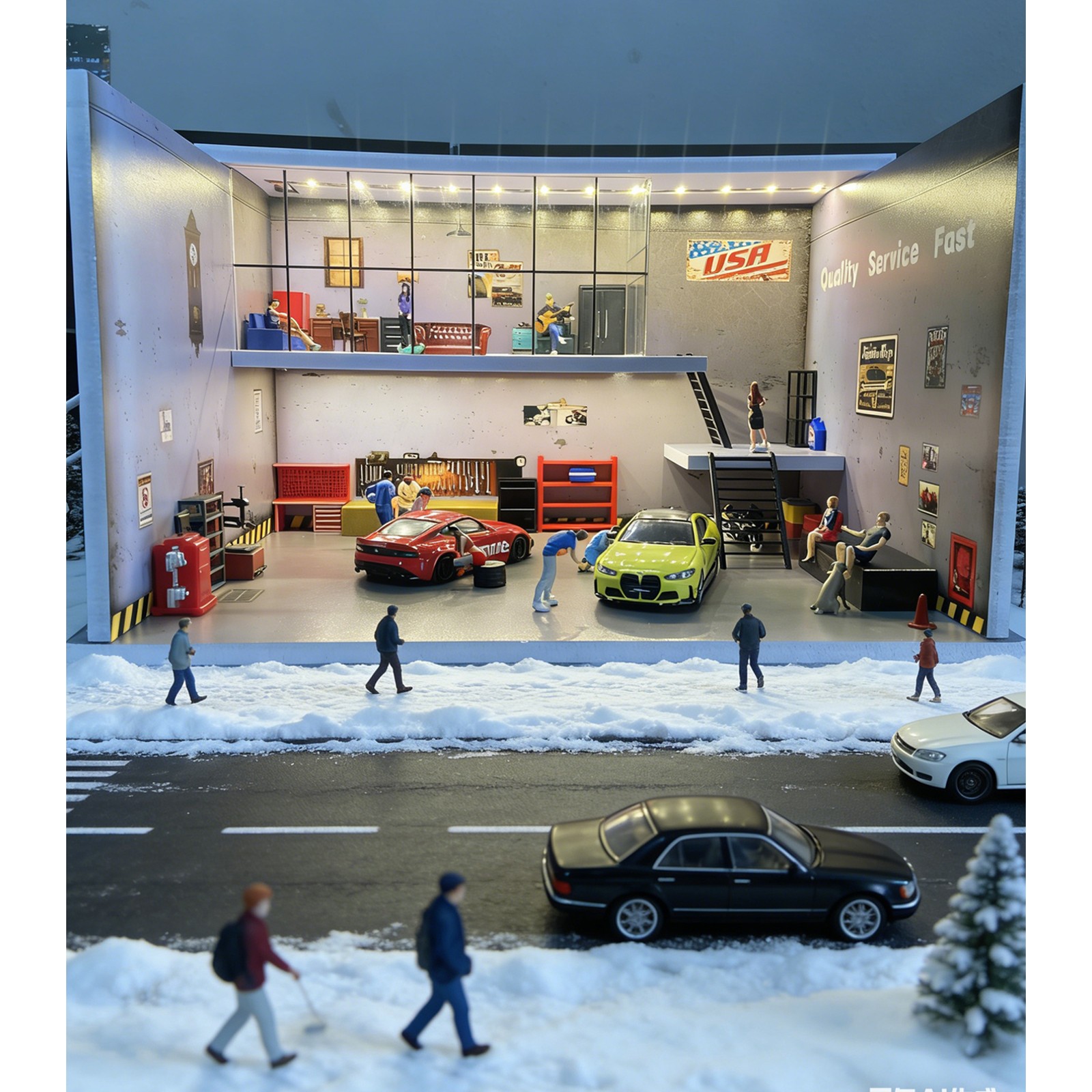 Diorama 1/64 Diecast Car Garage Model LED Lighting Parking Lot Display Case US