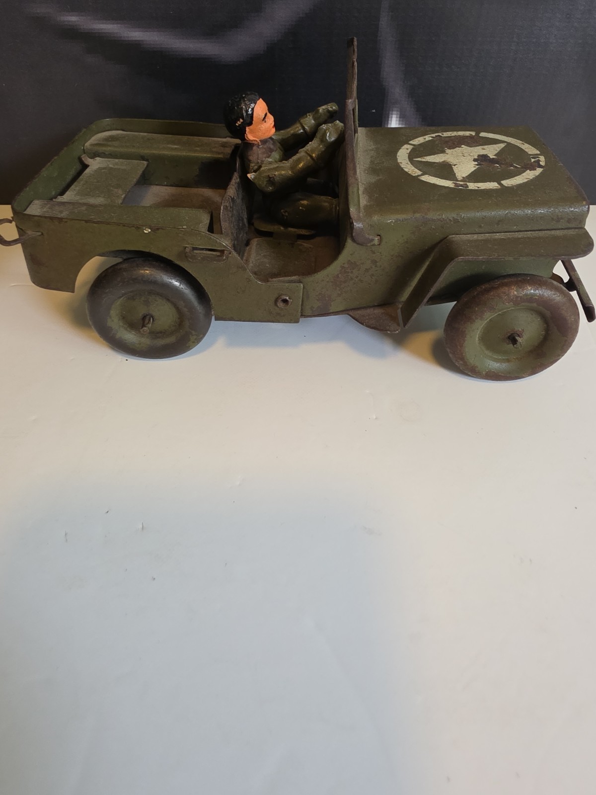 Vintage Pressed Steel Willys Jeep Military Toy w/ Driver France? 1940s 1950s