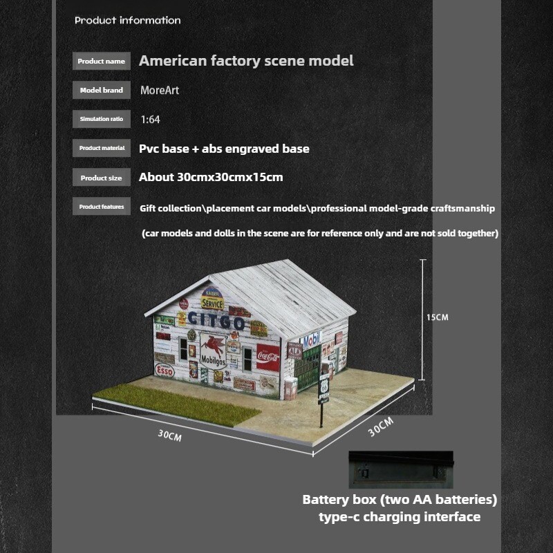 1/64 Diorama Car Garage Model LED Repair Factory Parking Lot Scene Display Model