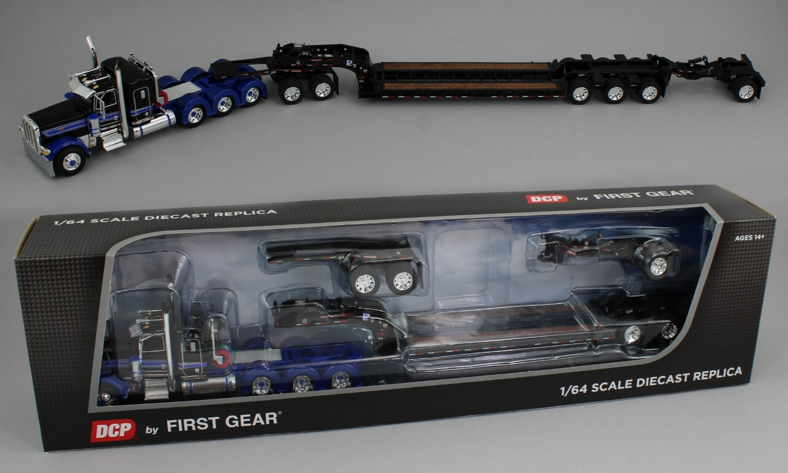 DCP 1:64 *BLACK & BLUE* Peterbilt 389 36″ Flattop HEAVY HAUL Lowboy Jeep Stinger