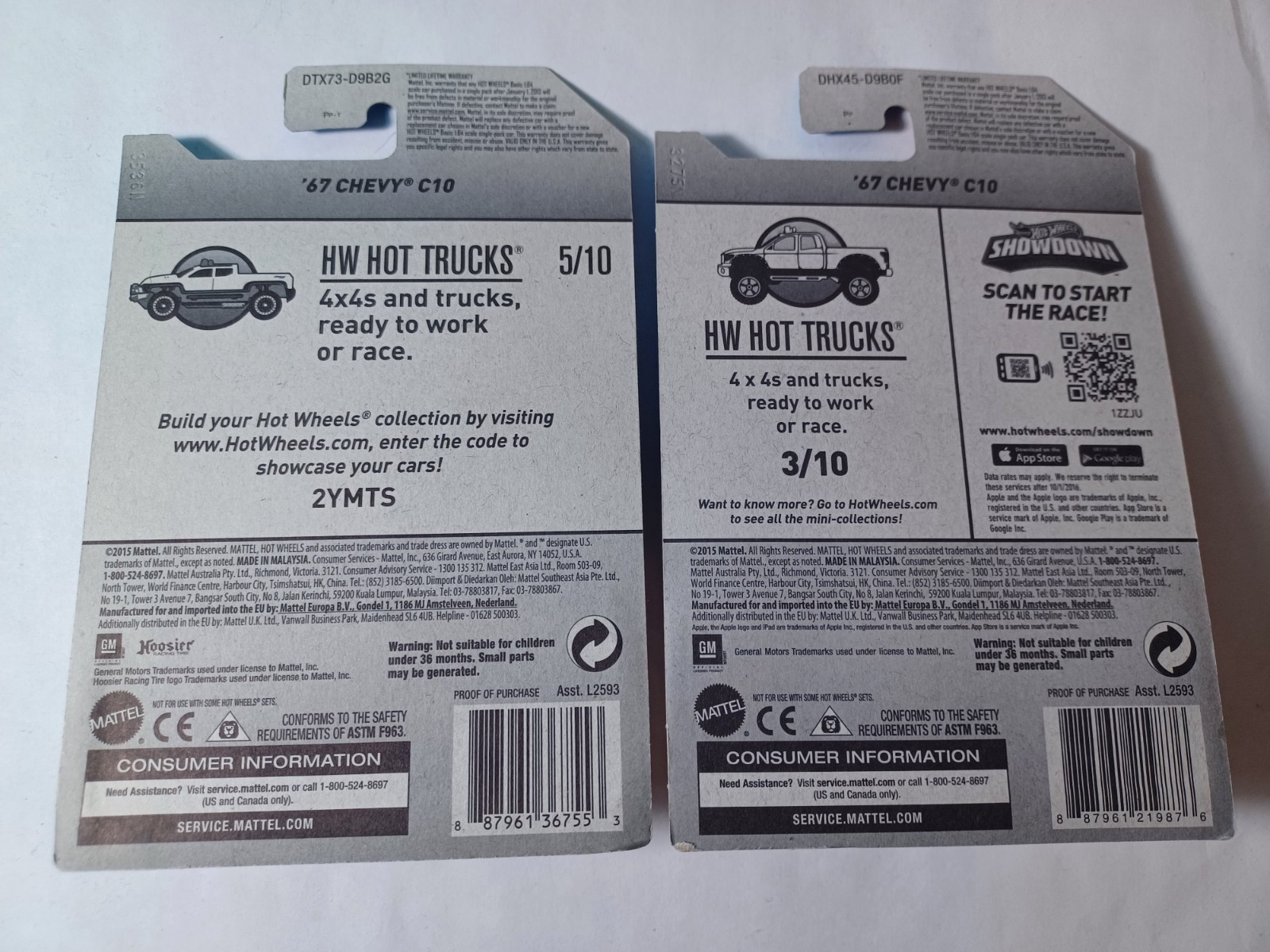 HOT WHEELS HW HOT TRUCKS ’67 CHEVY C10 (Unopened Pair) 2015/2016 Purple and Blue