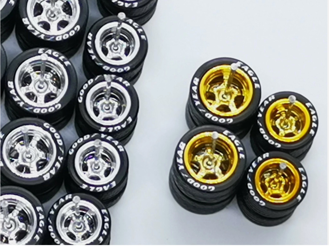 Hot Wheels ✨ GOOD YEAR ✨ 5 SPOKE Rubber Tire 12 sets Chrome Colors 10/12 MM✨