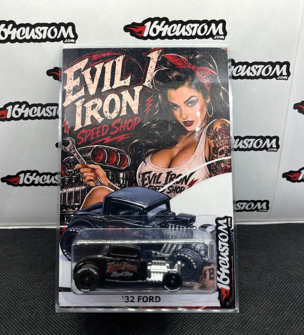 Hot Wheels ’32 Ford Custom Evil Iron Speed Shop Pin UP Rat Rod Real Riders, Card