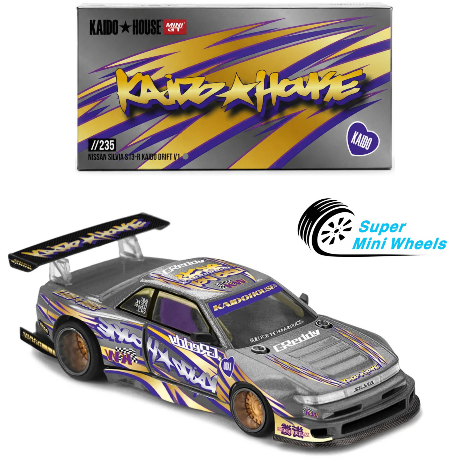 Kaido House x Mini GT 1:64 Nissan Silvia S13-R Kaido Drift V1 Greddy Gray #235