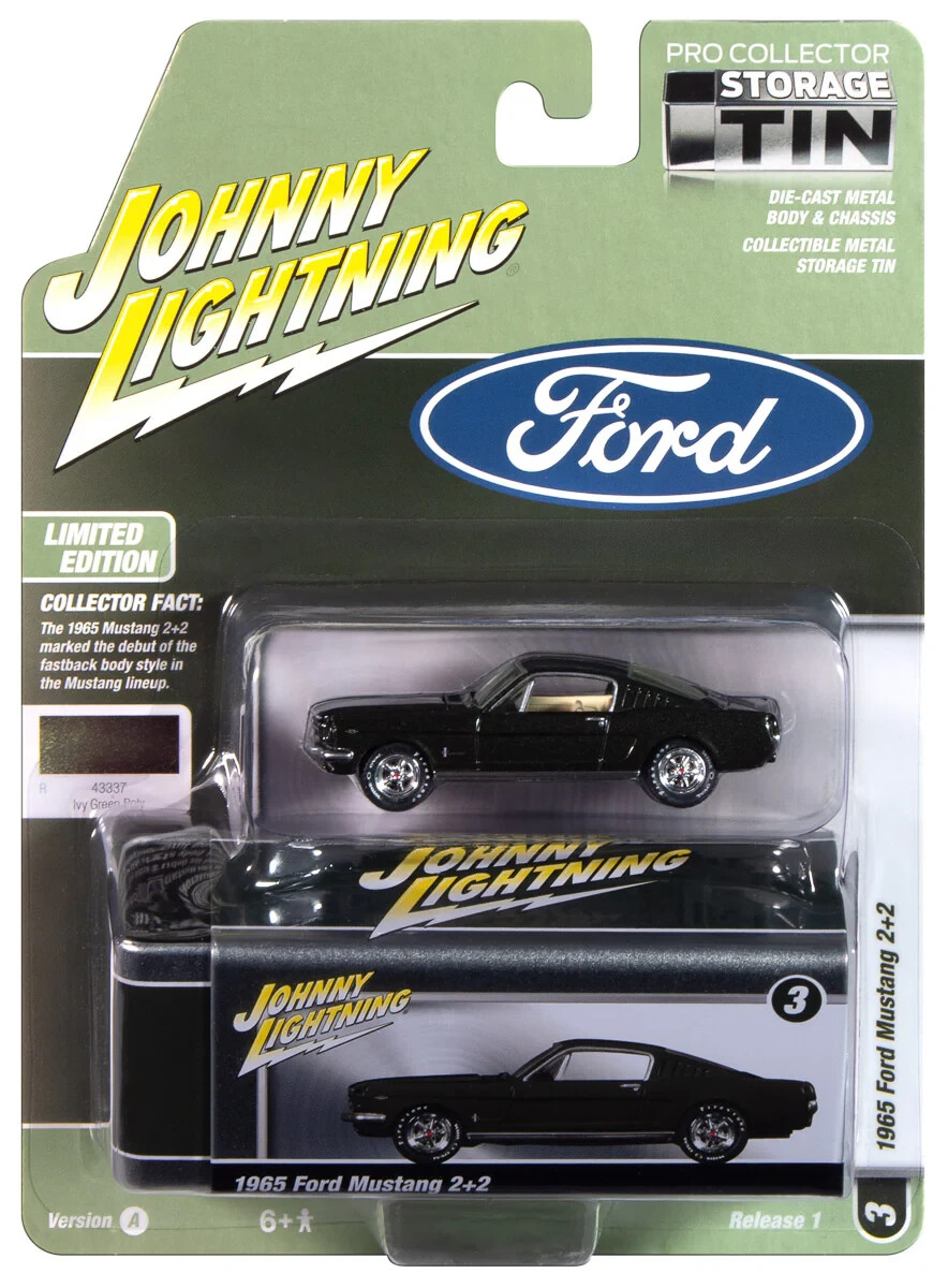 Johnny Lightning 1965 Ford Mustang Fastback (Ivy Green) with Collector Tin 1:64