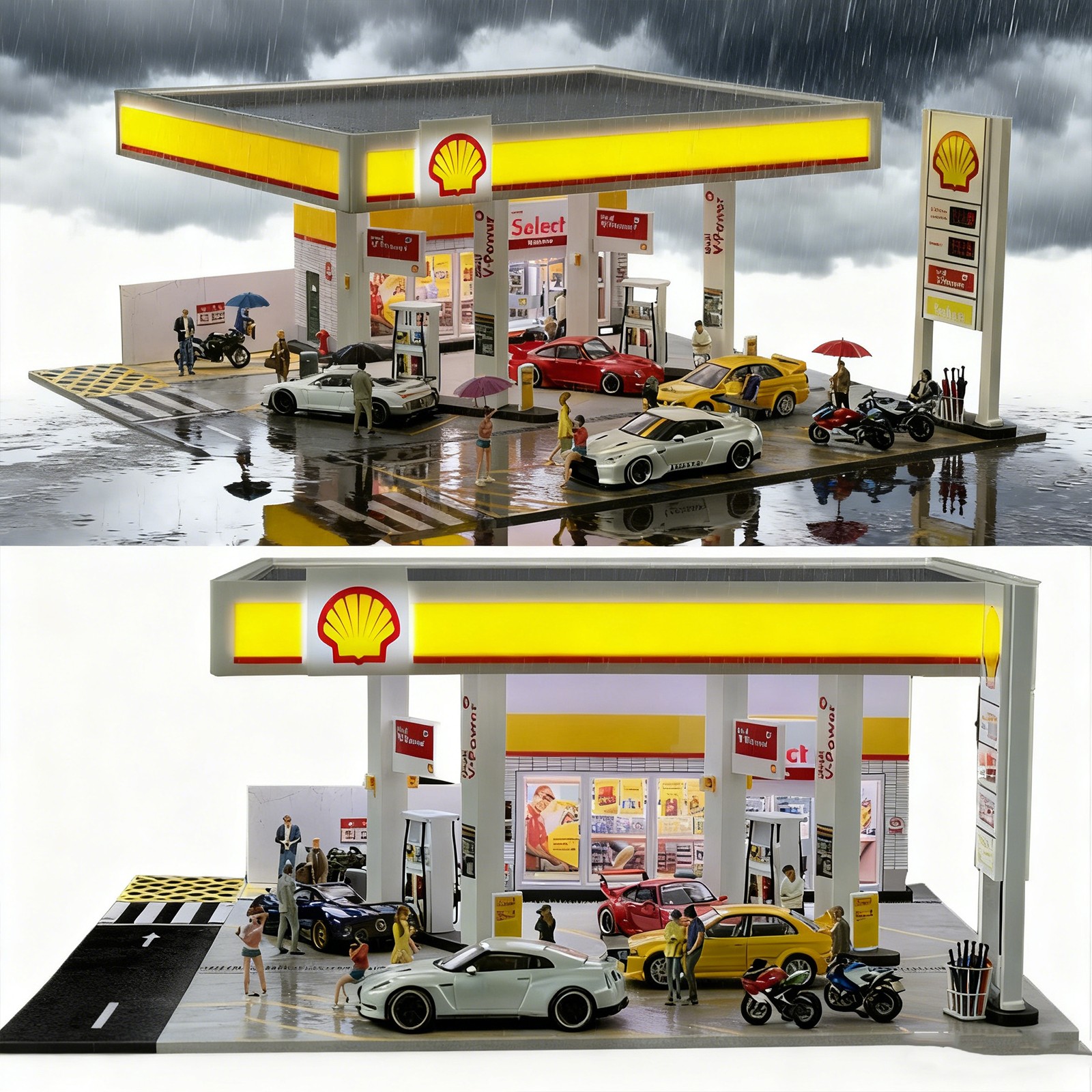 1/64 Diorama Car Garage Model LED Lighting City Street Gas Station Scene Models