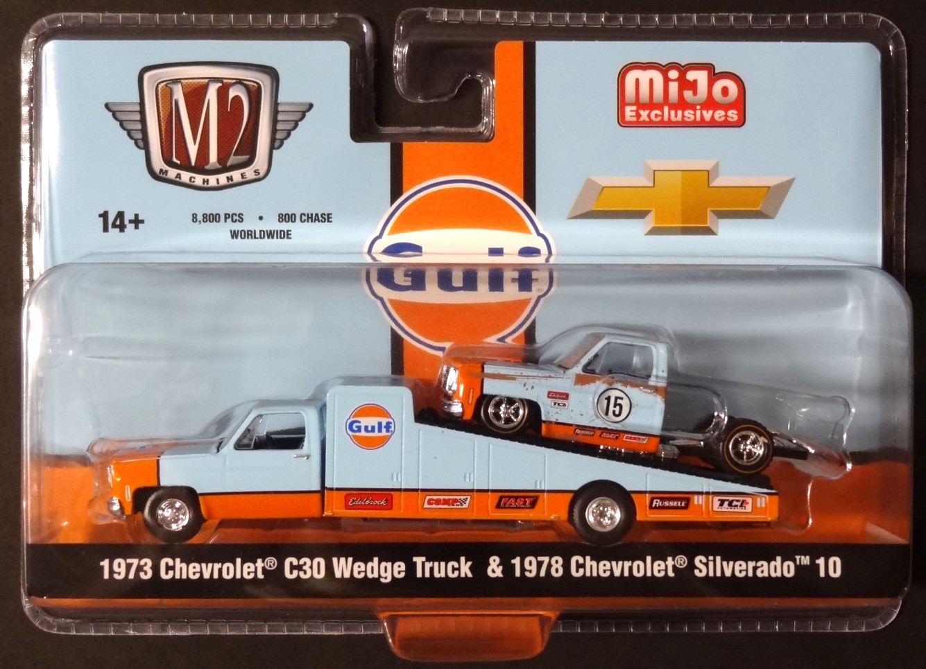 M2 MACHINES – GULF – 1973 CHEVY C30 WEDGE TRUCK & 1978 CHEVY SILVERADO 10 – MIJO