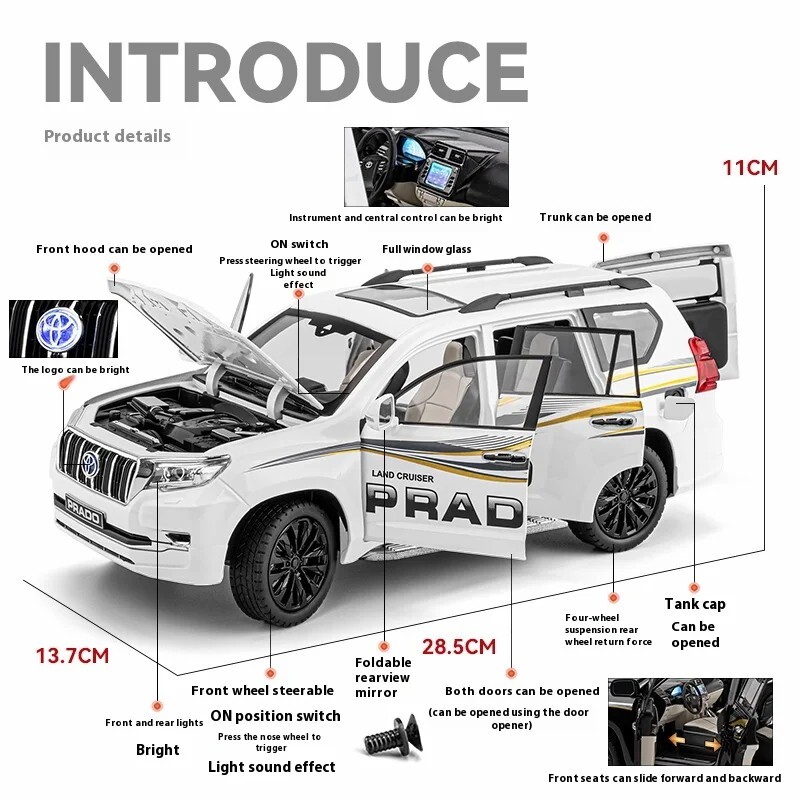 1/18 Toyota Land Cruiser Prado GX White Diecast Model Car Gifts For Friends