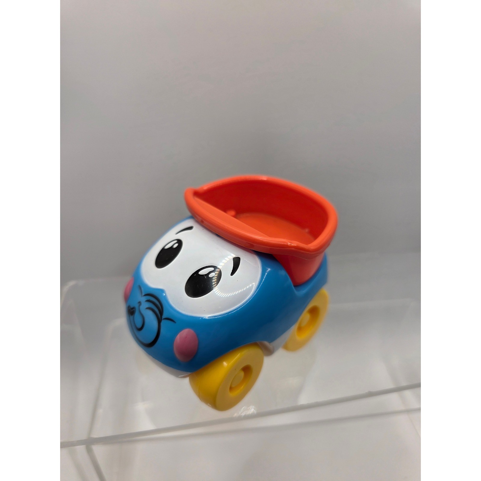 Blue Cartoon Toy Car with Orange Cargo Bed and Yellow Rolling Wheels Toddler