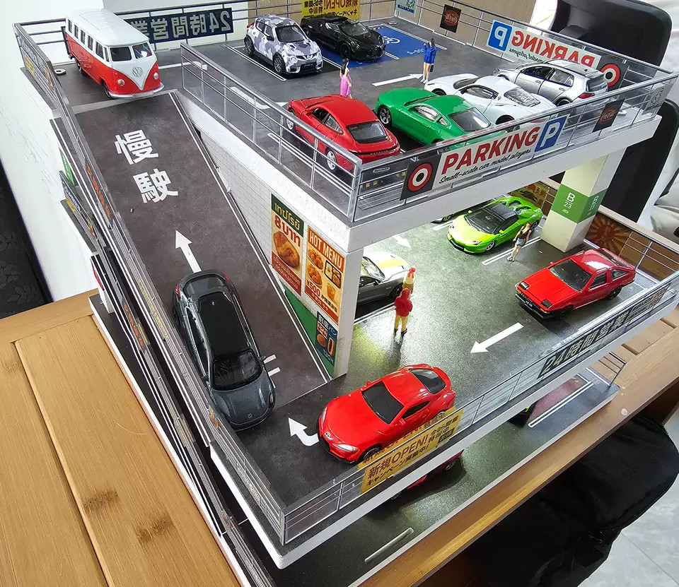 1/64 Diorama Diecast Car Garage Model LED 3-Layer Parking Lots Building Scene US