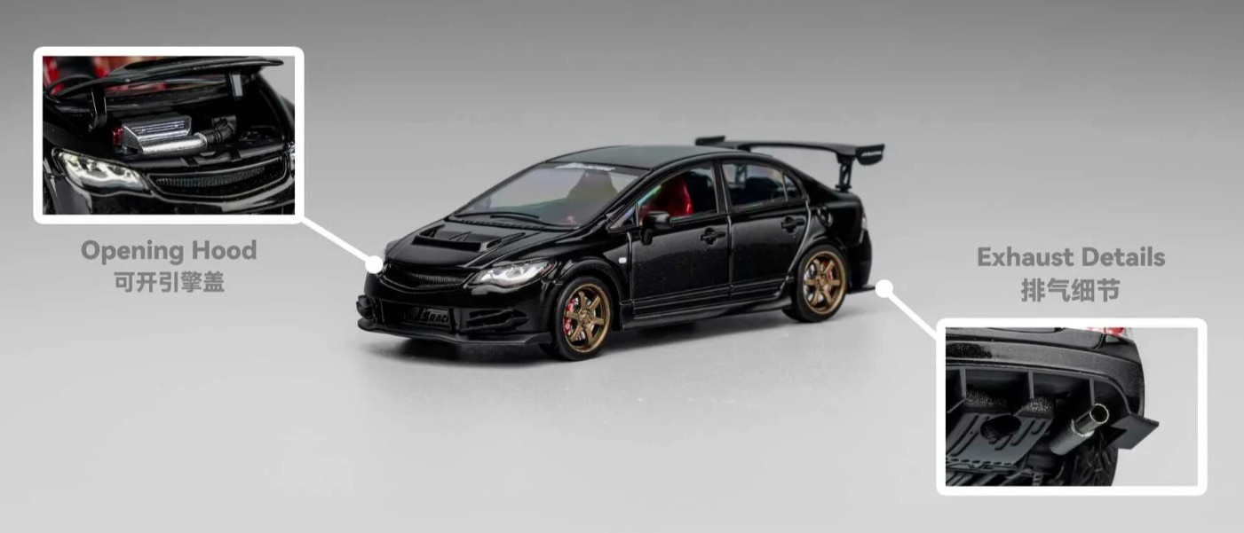 1/64 HONDA CIVIC FD2 J’s Racing W/Interior/Engine Model Car -BLACK-