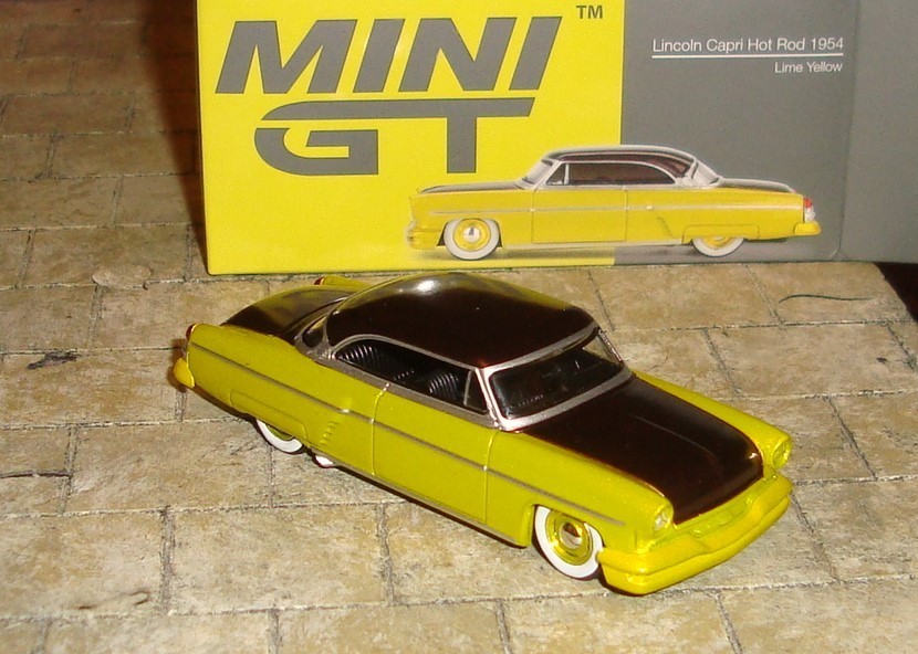 1954 LINCOLN CAPRI HOT ROD CAR – LIME YELLOW – 1:64 SCALE – MINI GT