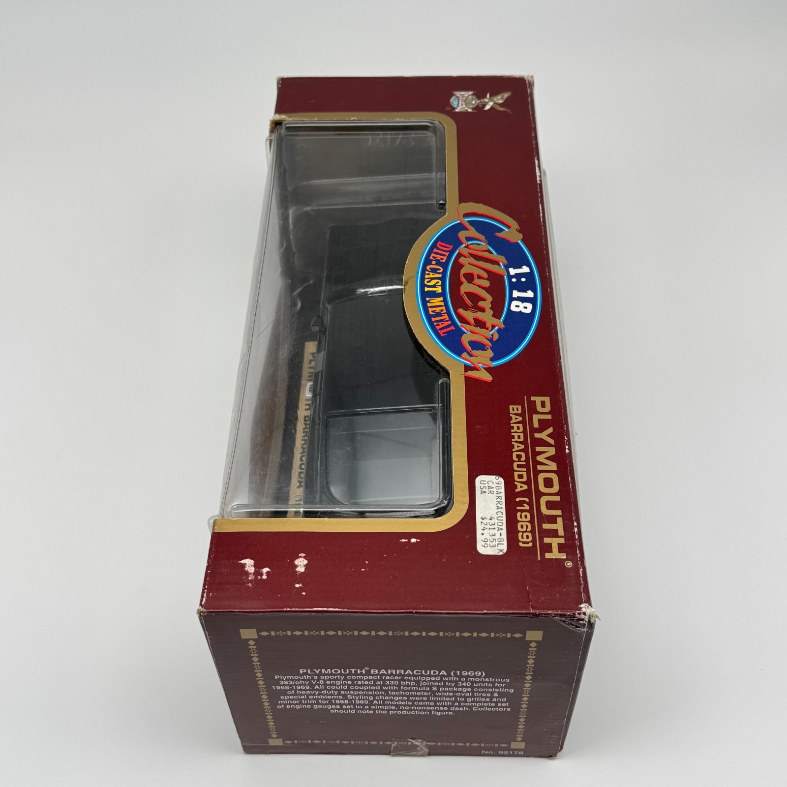 Road Legends 1969 Plymouth Barracuda Black Silver Stripe 1:18 Scale Diecast