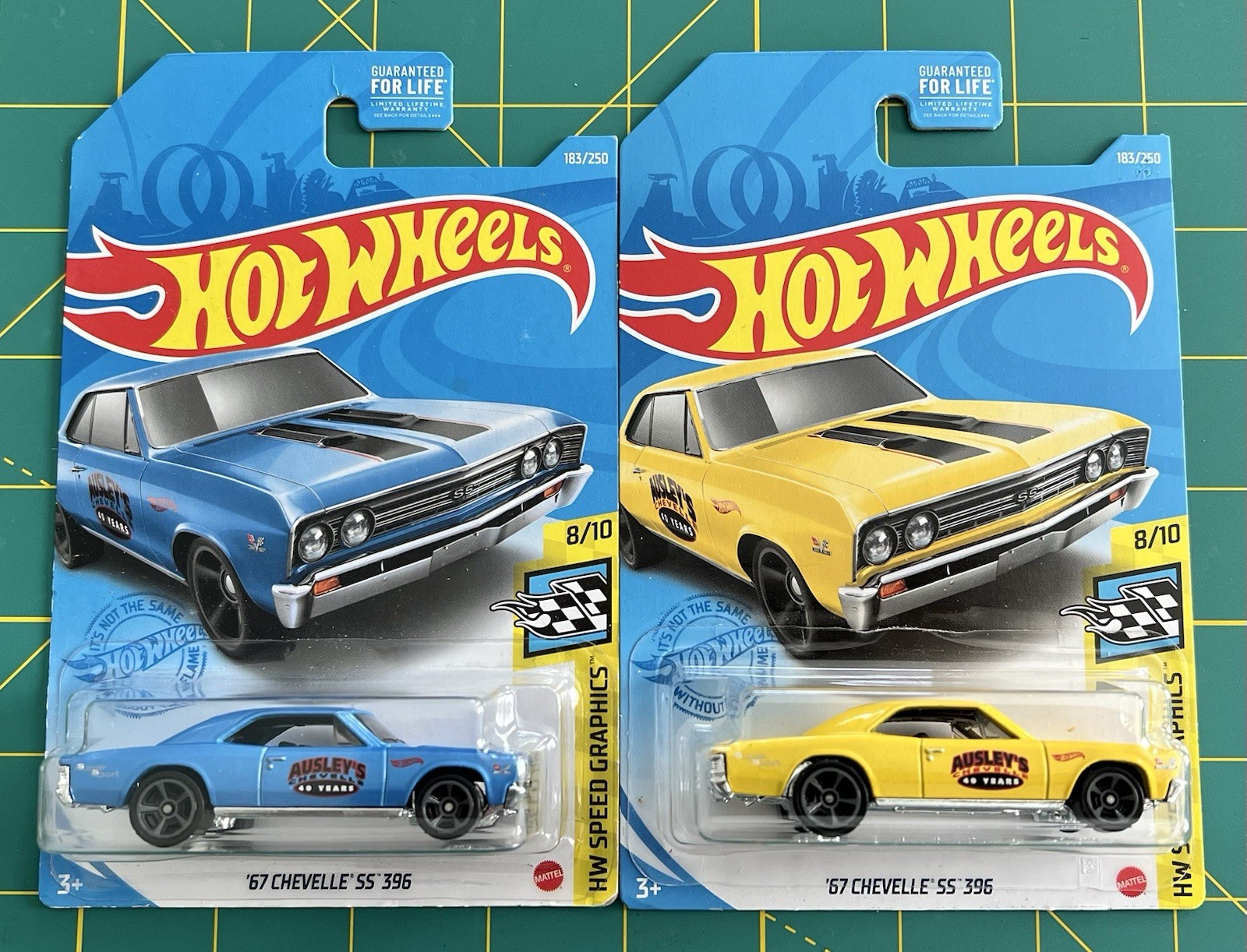 LOT OF 4 – 2021 HOT WHEELS ’67 CHEVELLE SS 396 BLUE AND YELLOW COLOR VARIANTS