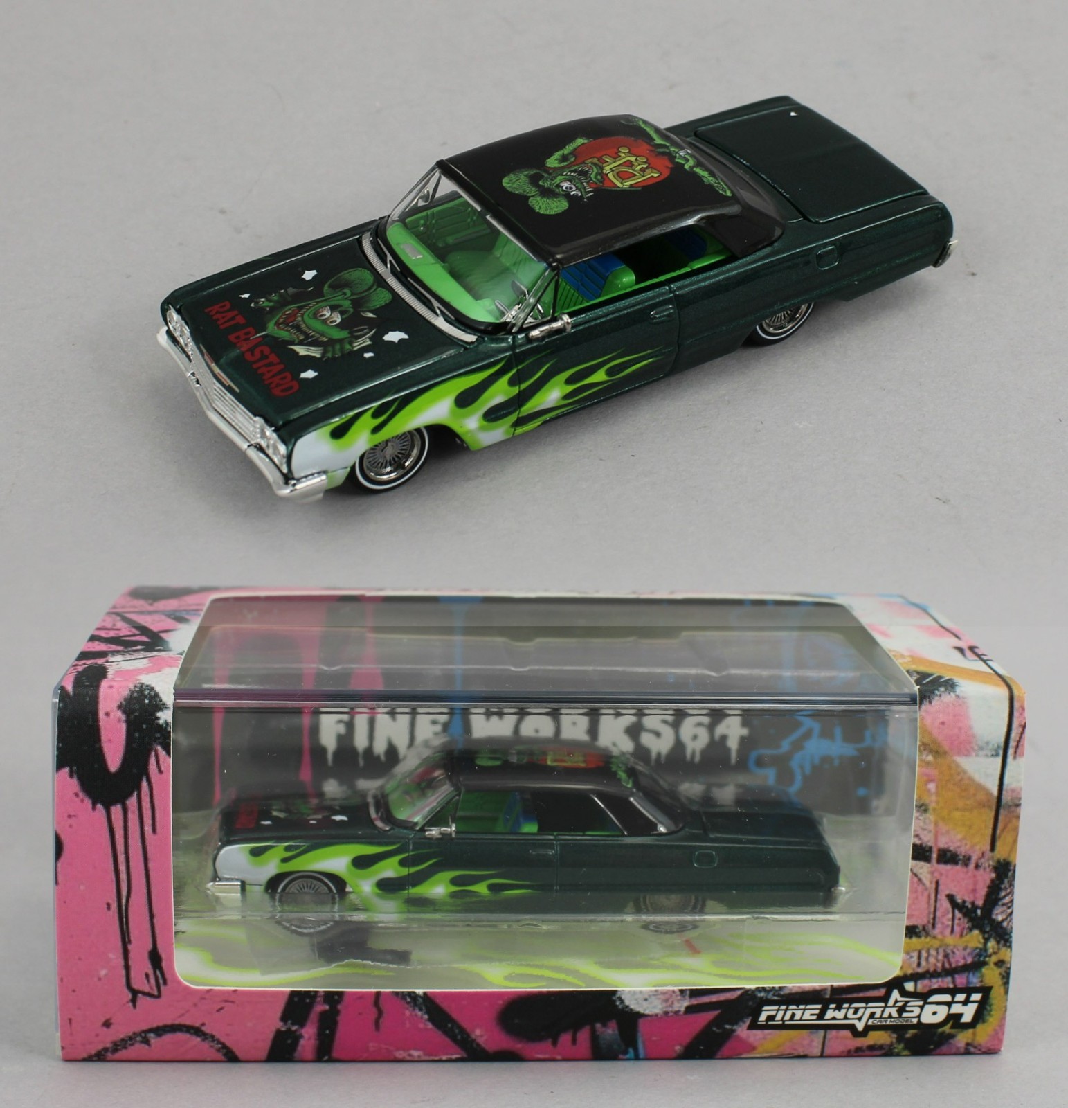 1:64 *FINE WORKS 64* RAT FINK Green w/Flames Chevrolet IMPALA *LOWRIDER* NIB