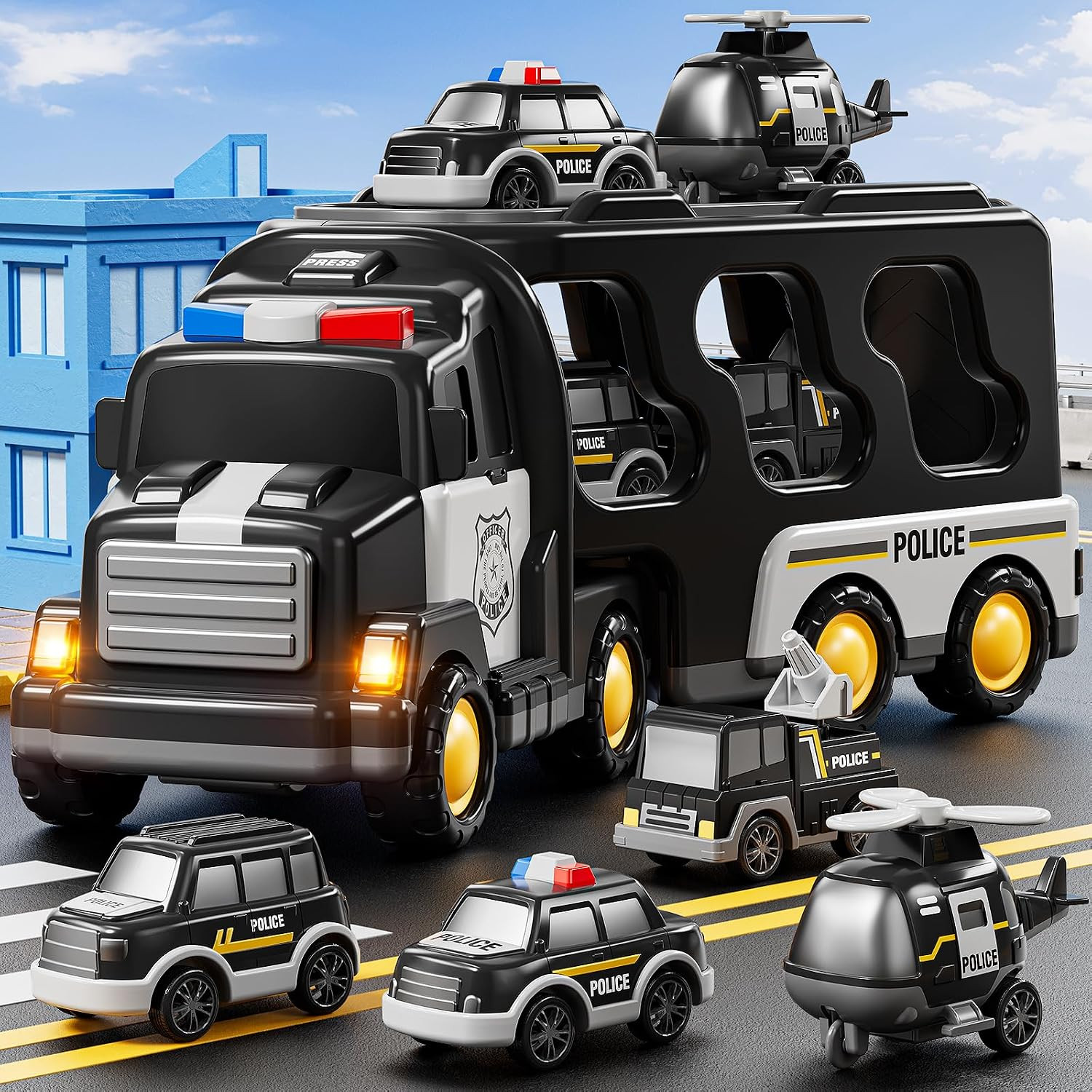 Police Truck Toy for 3 4 5 6 Years Old Boys – Carrier Vehicle Toy Set with 3 Sma