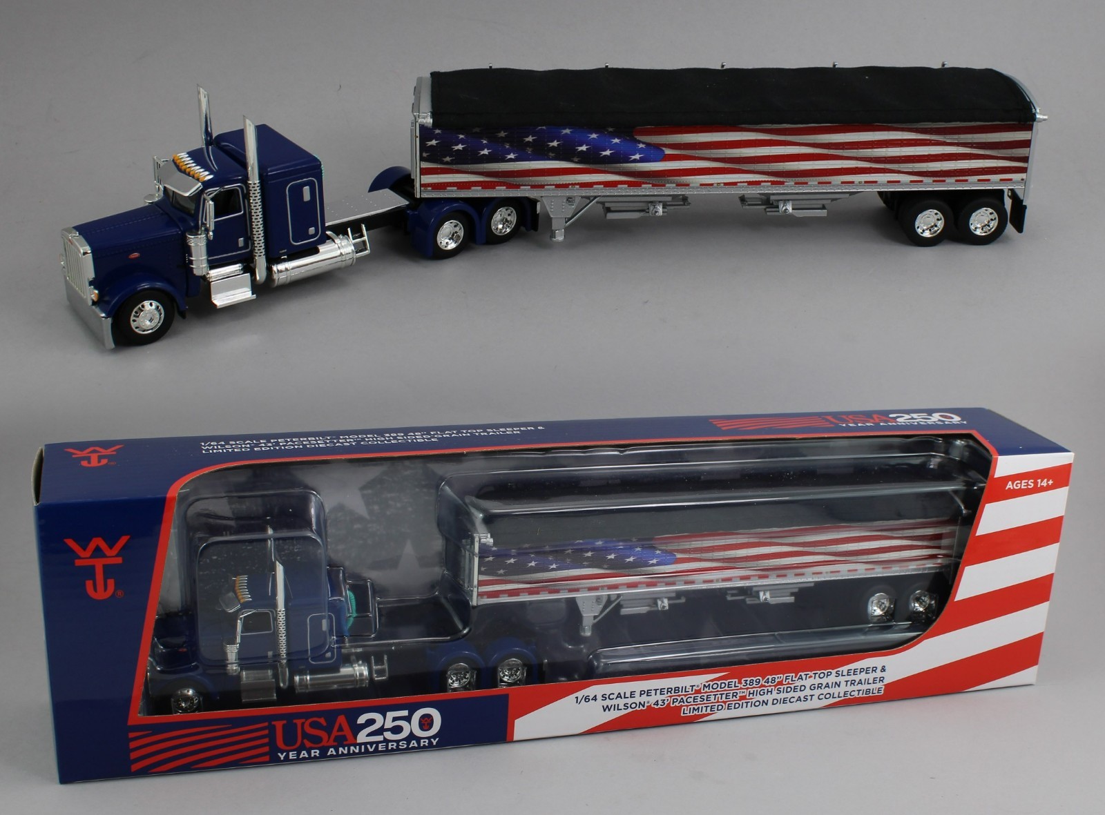 DCP 1:64 *BLUE AMERICA 250* Peterbilt 389 48″ Flattop w/Wilson Grain Trailer NIB