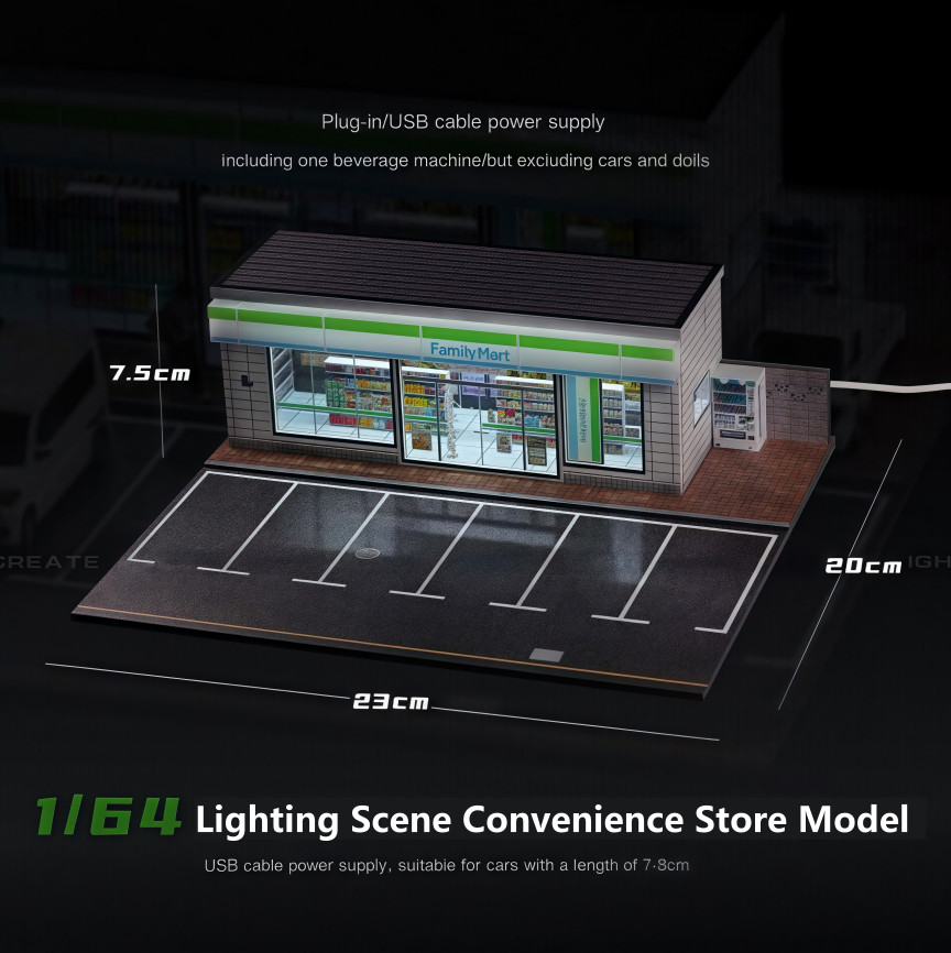 1:64 Diorama Parking Lot Scene Model LED Car Garage Shop Model Collection Toys