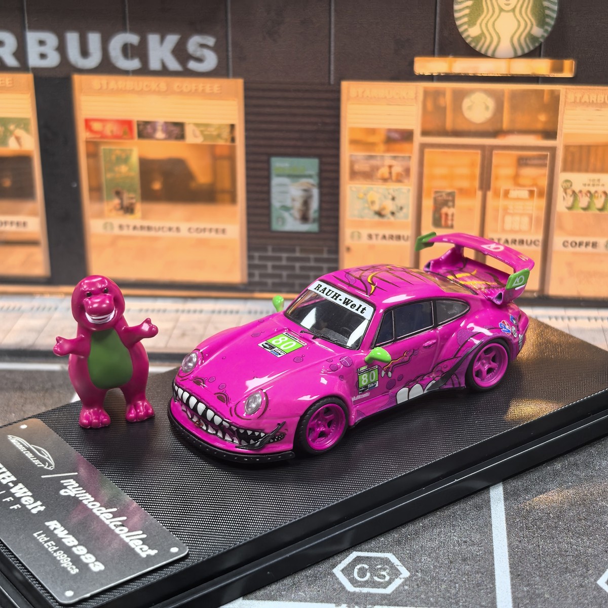 MC 1:64 Pink Dinosaur #80 RWB Porsche 993 Sports Model Diecast Metal Car Model