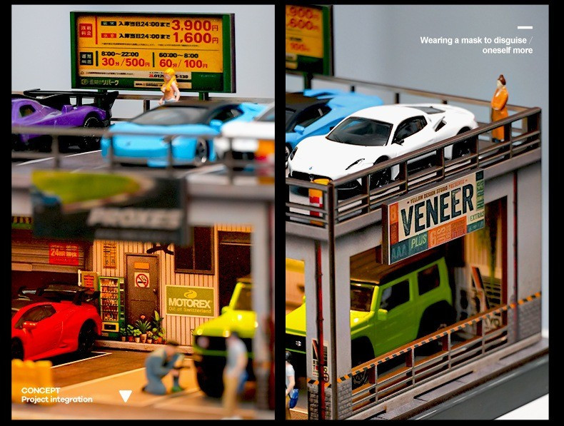 1/64 Diorama Car Garage Model LED Lighting Parking Lot Model Display Case US