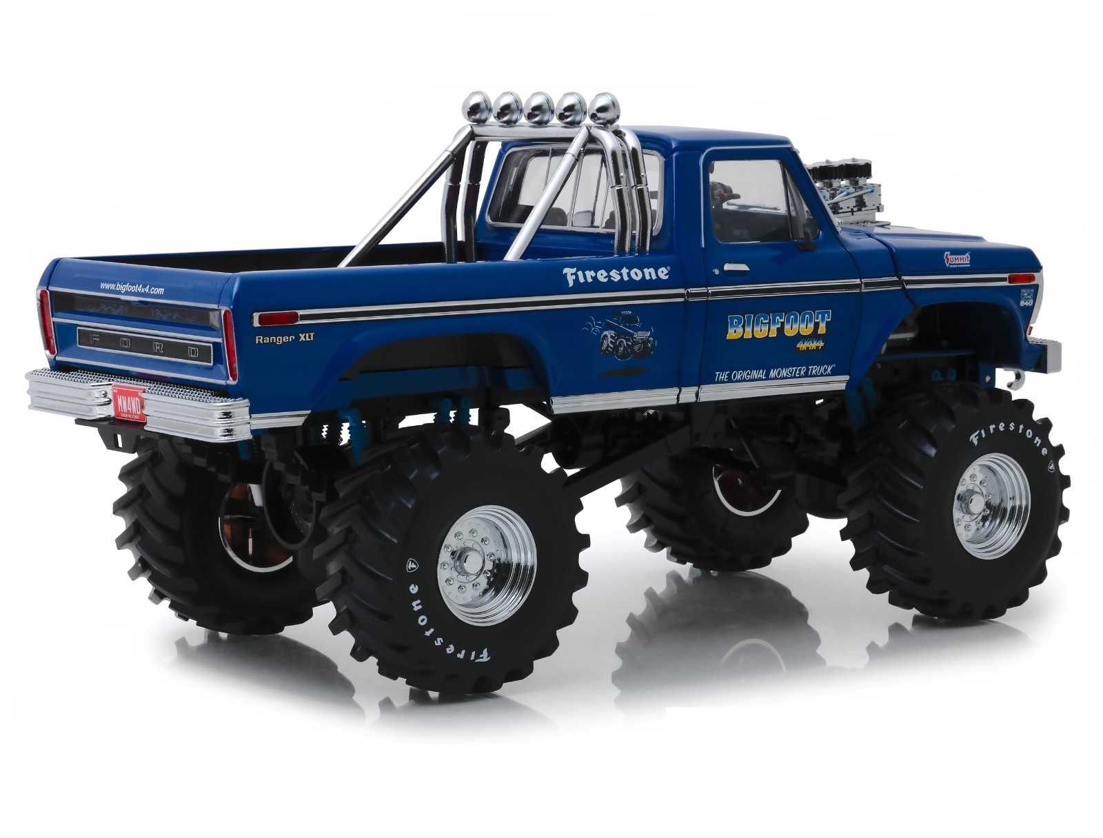 1974 FORD F-250 48″ TIRE MONSTER TRUCK W/ BOB CHANDLER FIGURES BLUE 1:18 SCALE