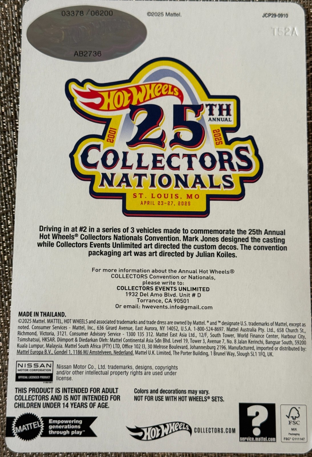 2025 Hot Wheels 25th Annual Collectors Nationals 1997 Nissan 240SX # 3378/6200