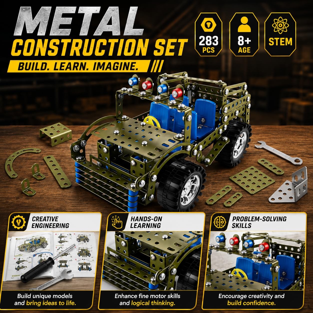 283 Pcs Metal Model Car Kit, STEM Building Toys for Kids 8-12
