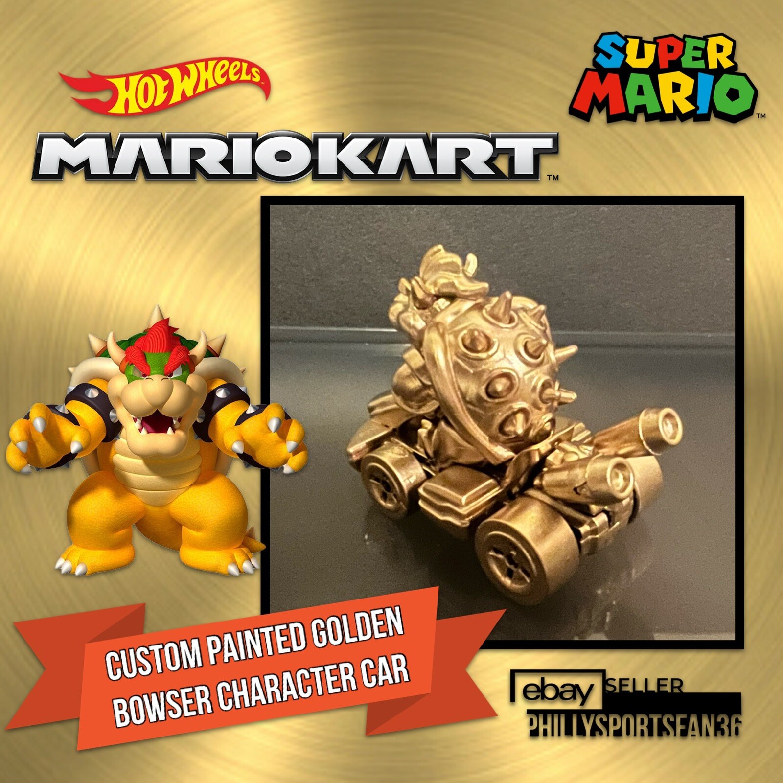 BOWSER STANDARD KART Hot Wheels Mario Kart 2022 TOTY Mattel Custom GOLD PAINTED
