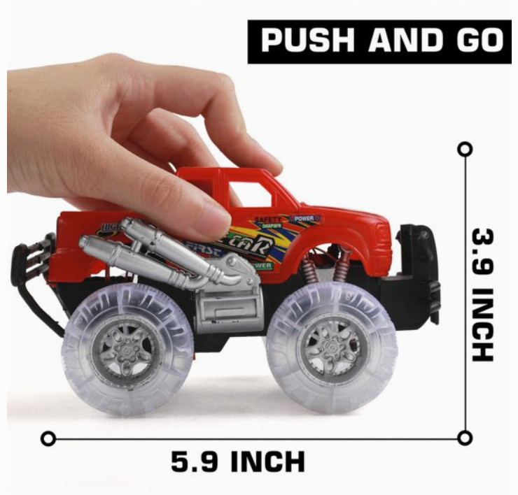Light Up Monster Truck Toys 4 Pack Push-&-Go Cars with Glowing Wheels – Ages 3+