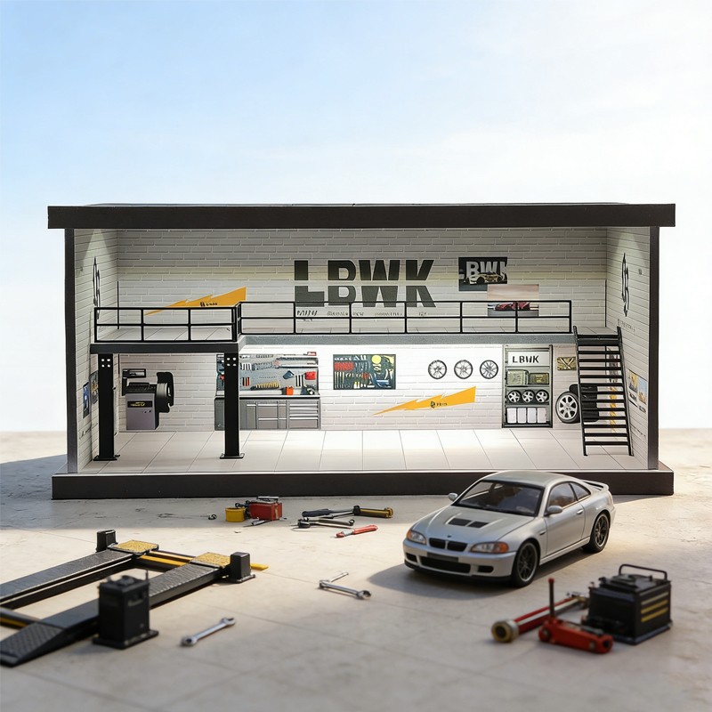 1:64 Diorama Die-Cast Car Garage Model LED Car Display Repair Workshop Scene Toy