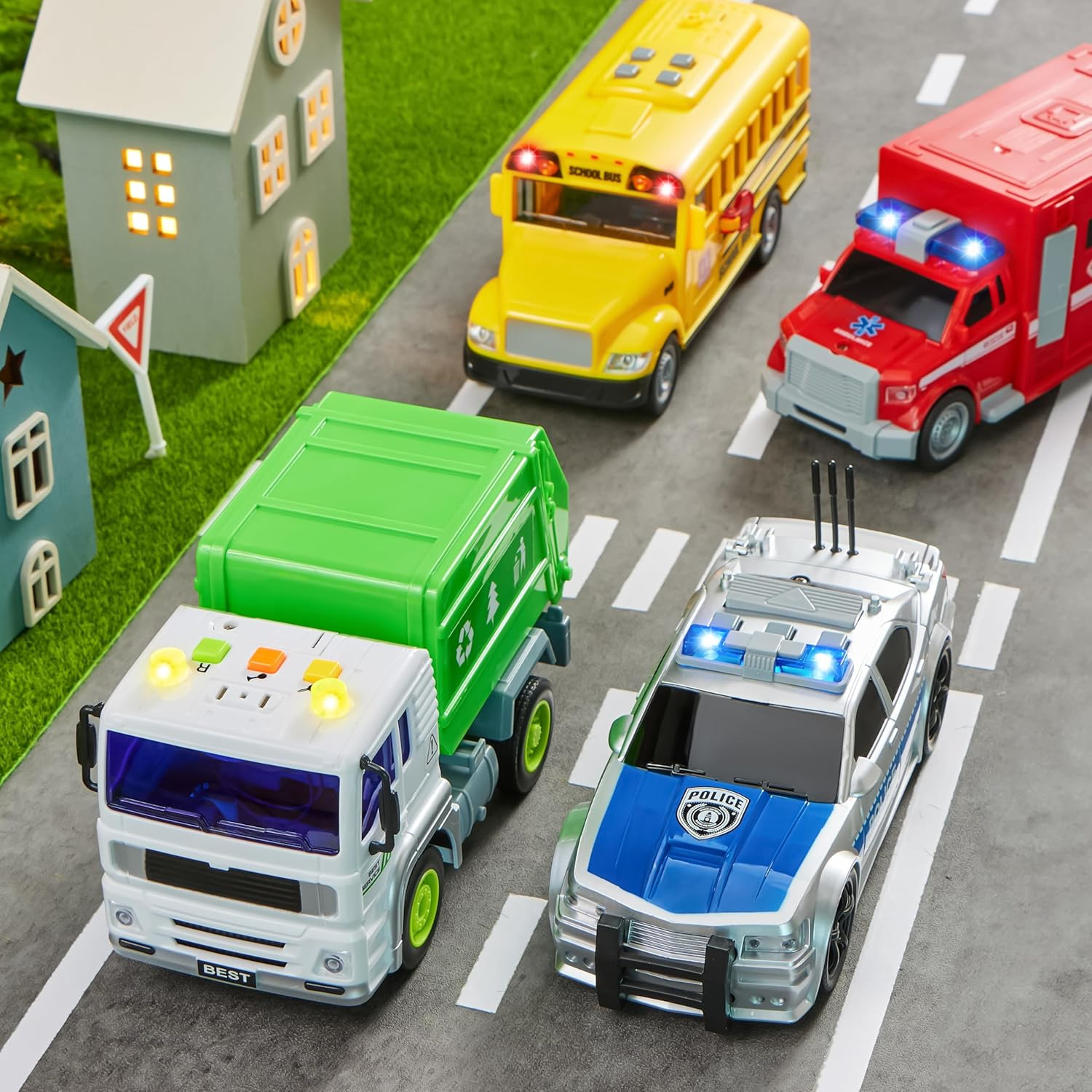 4 Pcs 7″ Vehicle Toy Set Lights Siren Police Car Bus Garbage Truck Ages 3-5 Boys