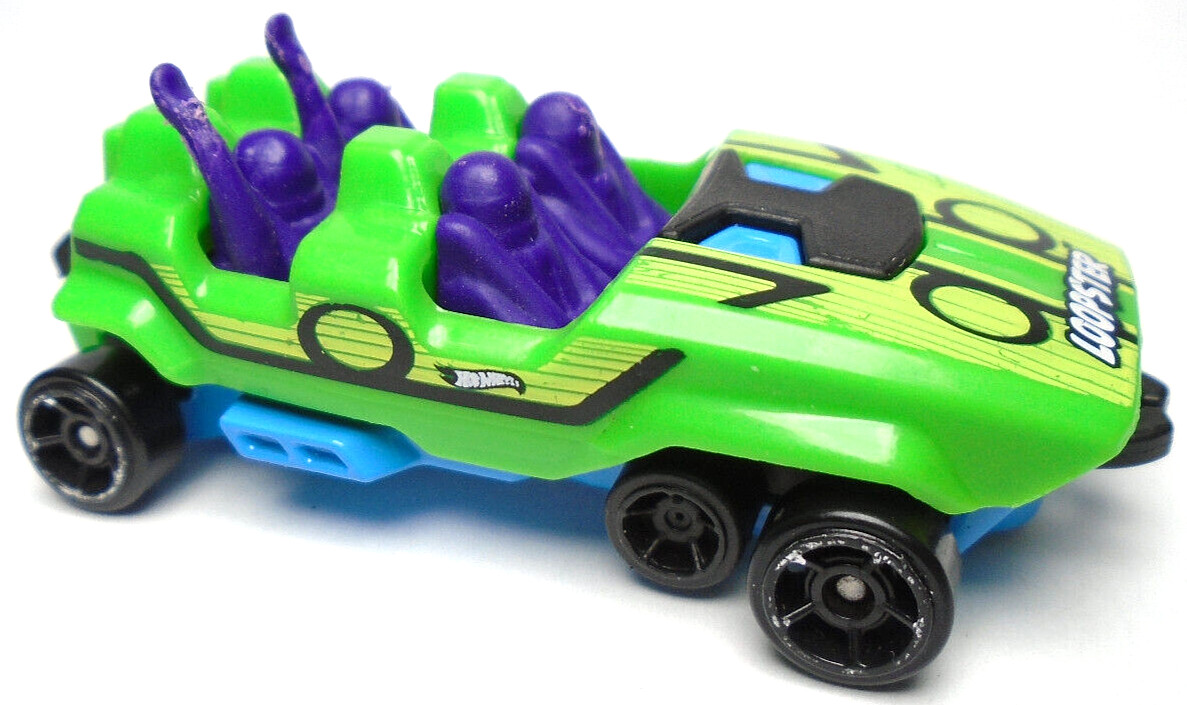 2014 HOT WHEELS LOOPSTER GREEN 2 3/4″ DIECAST ROLLER COASTER CAR W BLUE & PURPLE