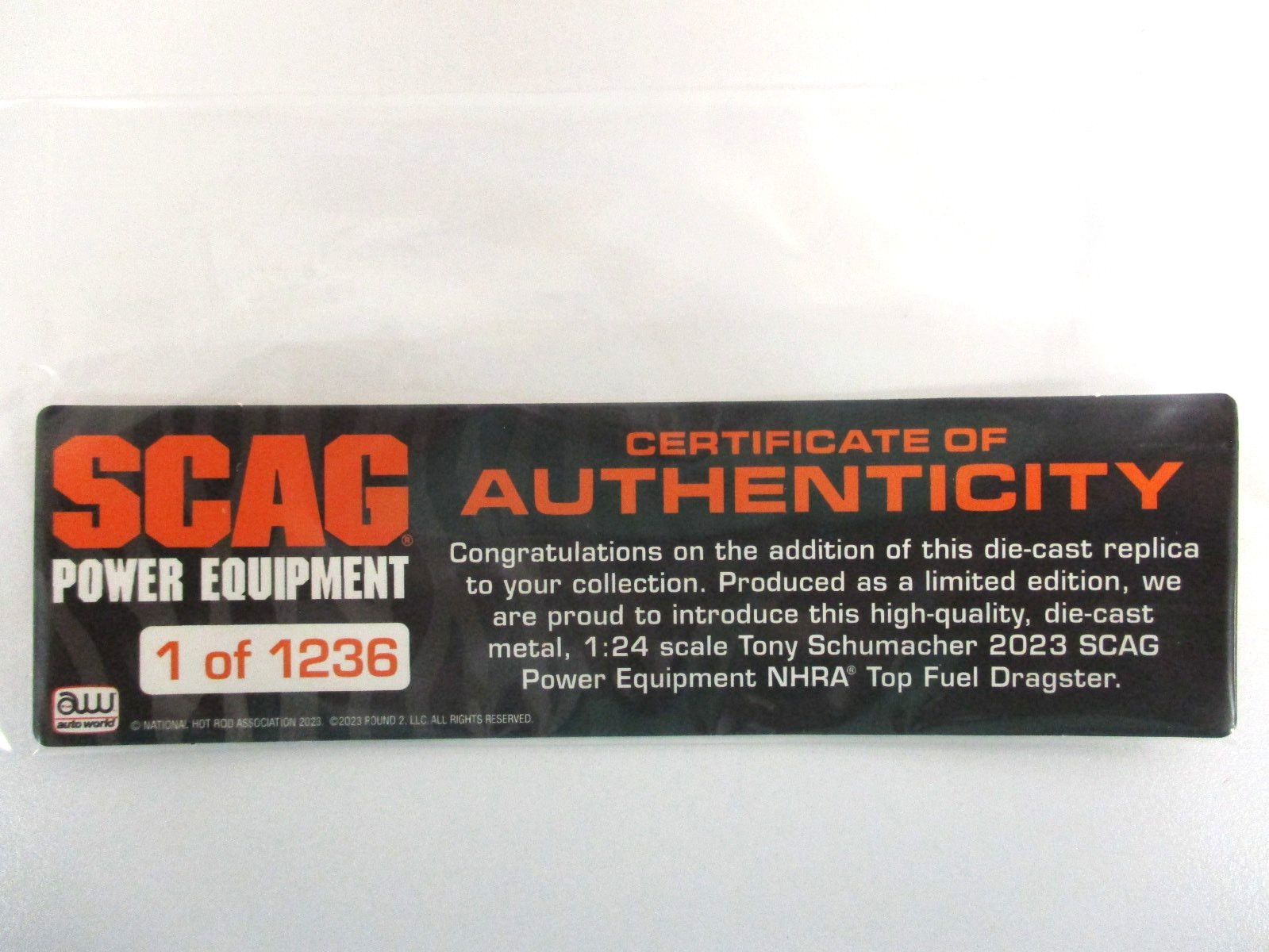 RC2 AUTO WORLD TONY SCHUMACHER SCAG EQUIPMENT 2023 NHRA TOP FUEL DRAGSTER – 1/24