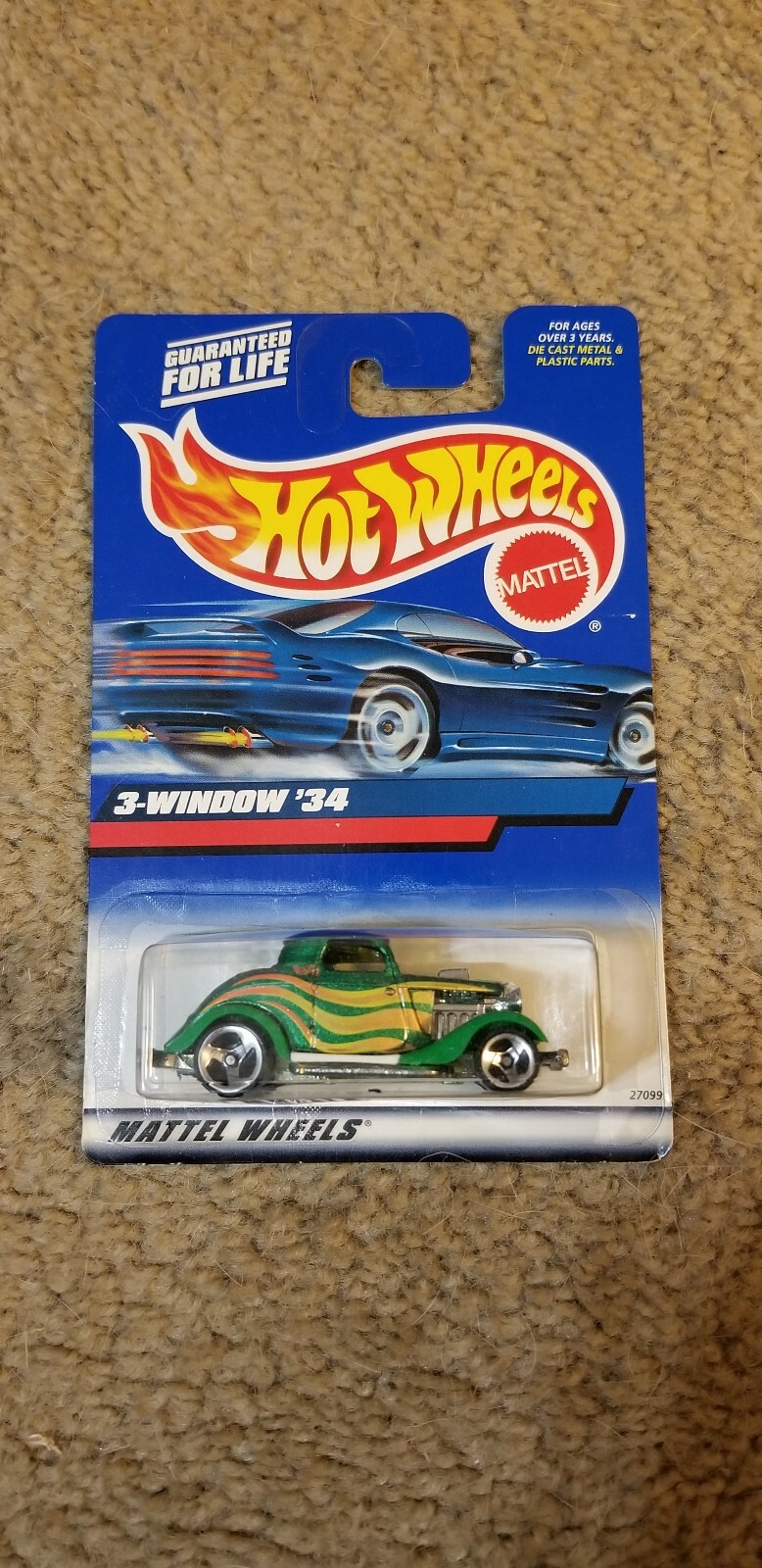 2000 Hot Wheels 3-Window ’34 Hot Rod #132 Metallic Green 3 Spoke Rims NIP