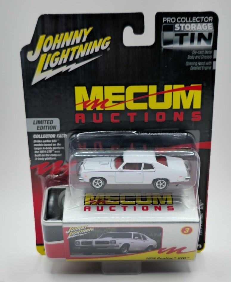 Johnny Lightning 1974 Pontiac GTO White Mecum Collector Tin JLCT015-A3