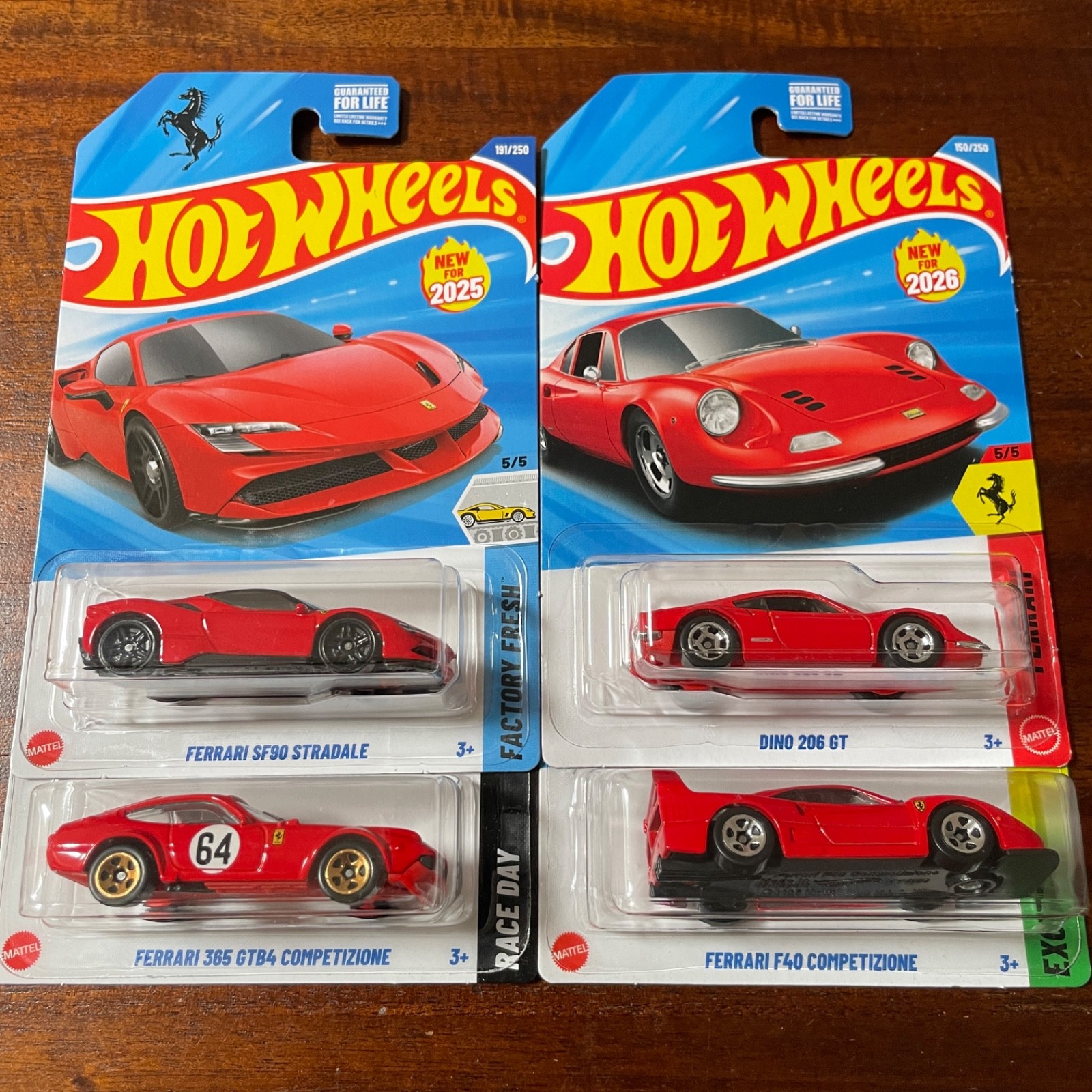 Hot Wheels Lot of 4 Ferraris SF90 Stradale, F40, 365 GTB4, Dino 206 GT