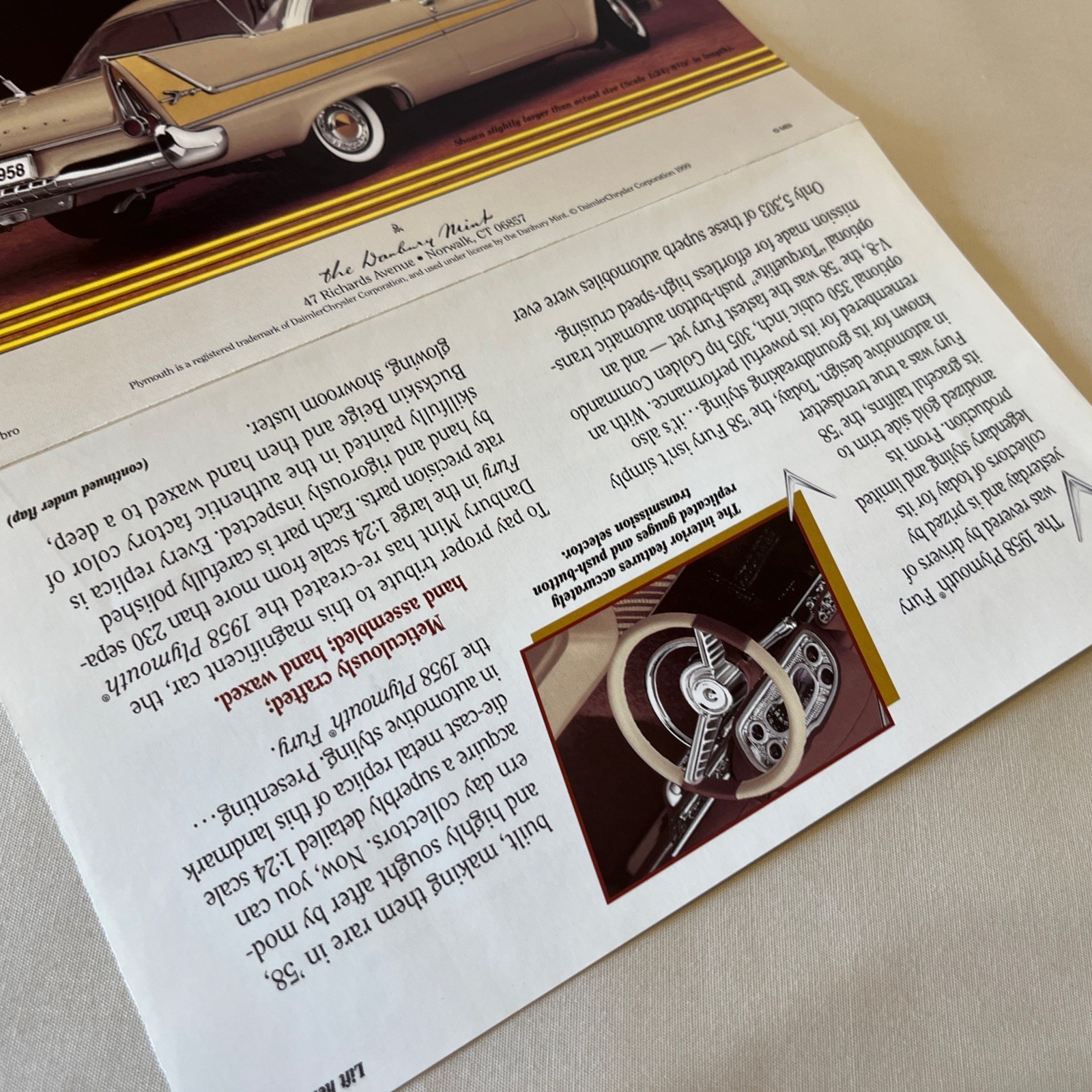Danbury Mint 1958 Plymouth Fury Brochure Paperwork Only 1:24