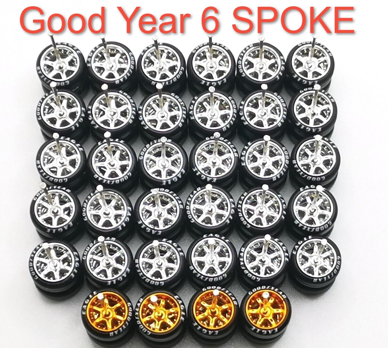 Hot Wheels Good Year 6 Spoke Rubber Tire 17 sets Chrome + Candy Bronze JDM 1:64