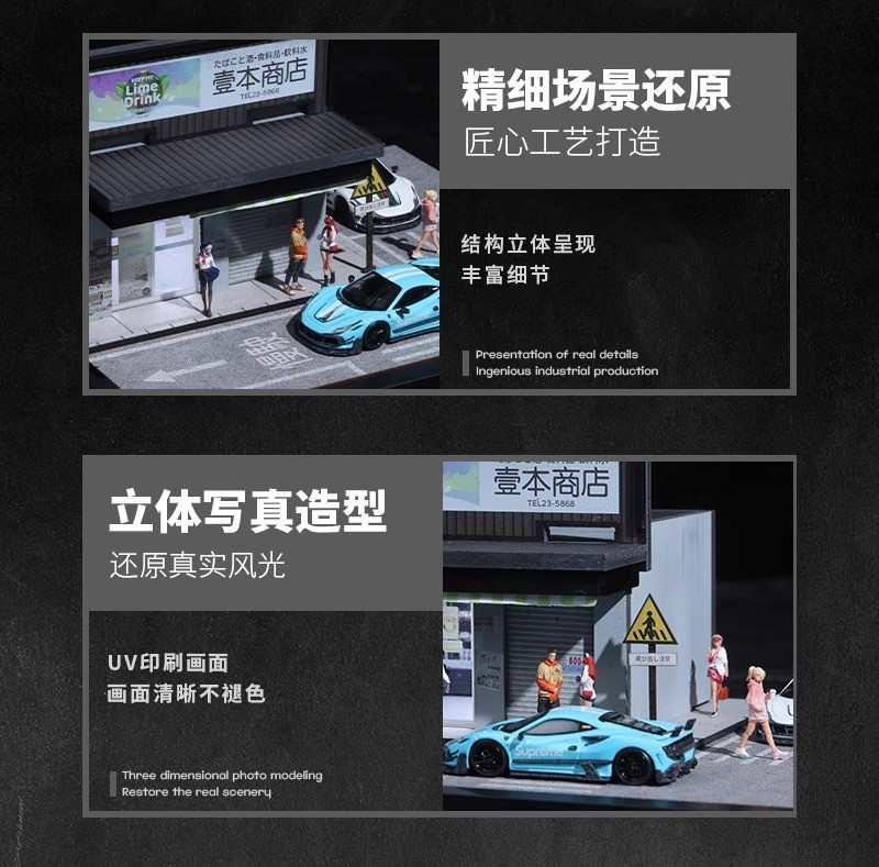 US Diorama 1/64 Diecast Car Garage Model LED Light Street Building Display Scene