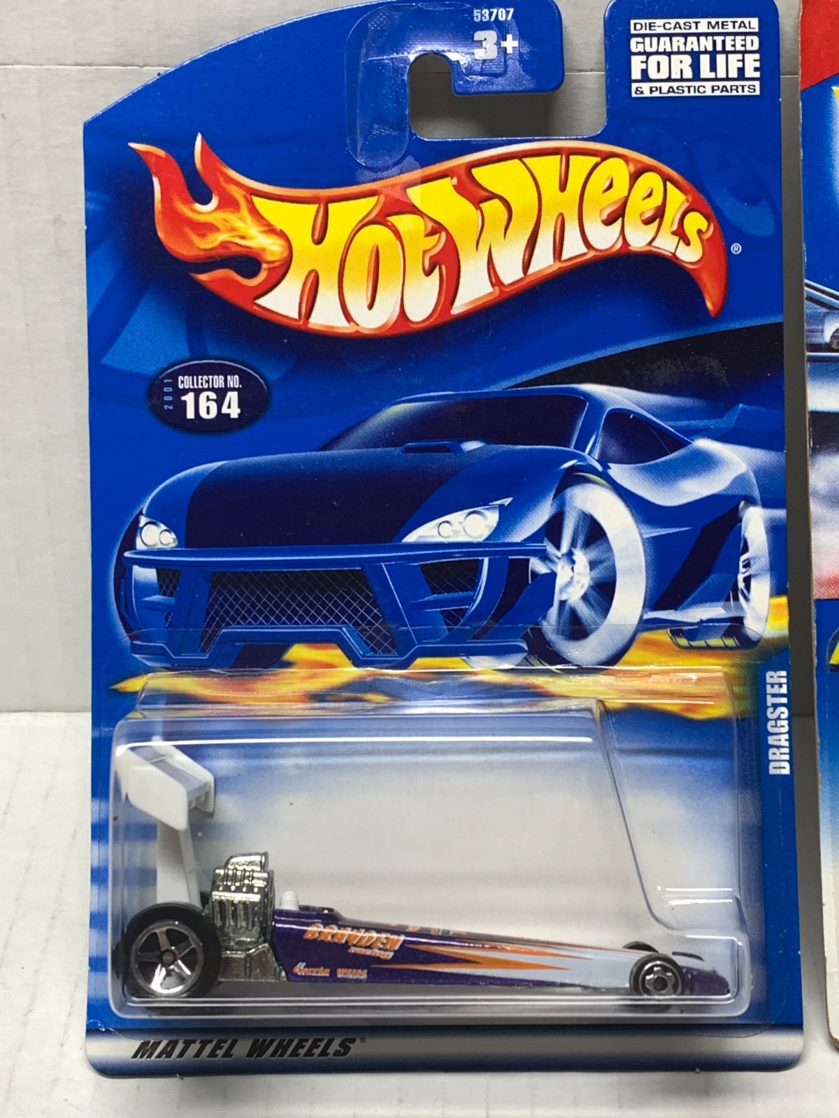 HOT WHEELS DRAGSTER X2. 1995 RACE TEAM BLUE #278 & 2001 PURPLE #164 ON CARD