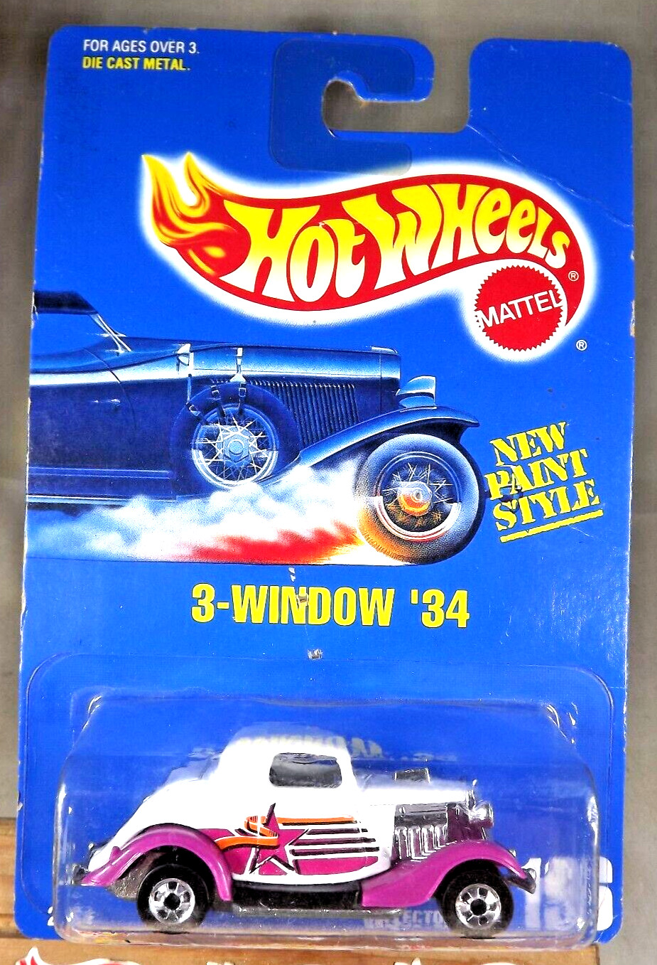 1991 Hot Wheels Blue Card #196 3-WINDOW ’34 White-Purple w/ASW Chrome BW Spokes