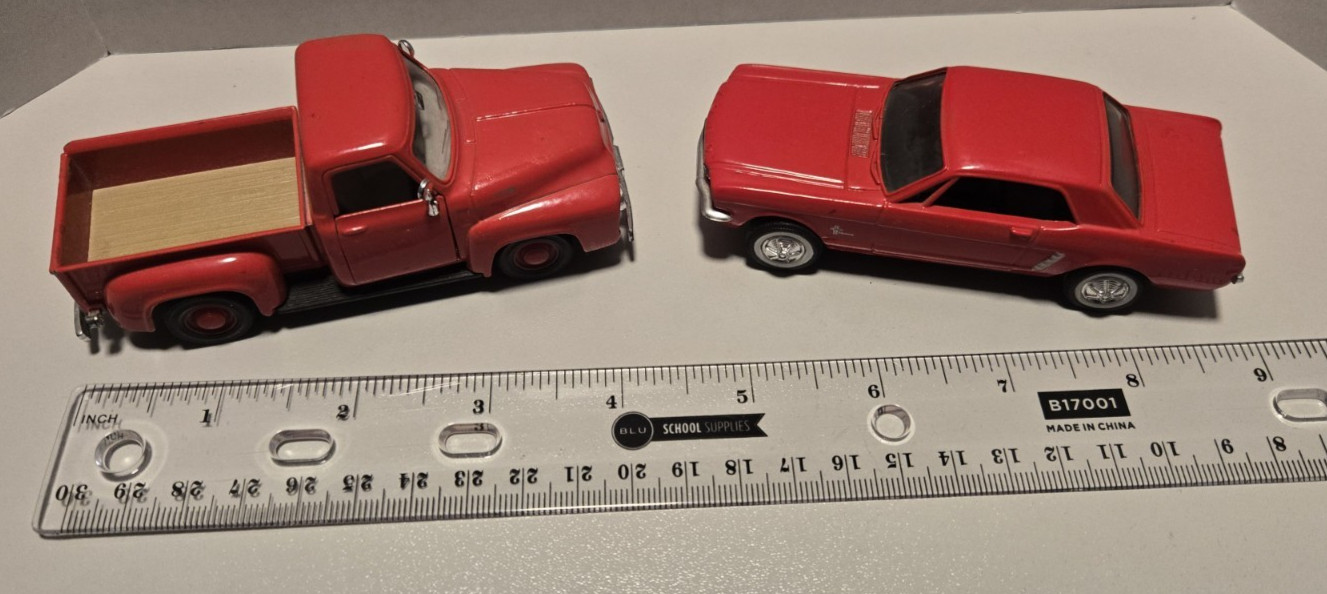 (2) – Ford Diecast Red – 1/32 Scale – Maisto 1953 Pickup – Ertl 1964 1/2 Mustang